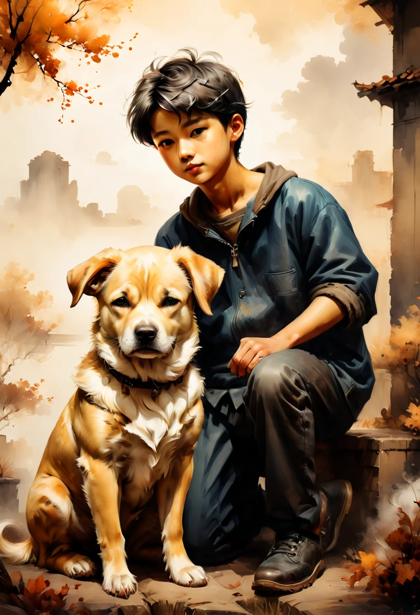 Ink style painting, Ink Style Figure, a boy with a dog, warm atmosphere, (best quality, masterpiece, Representative work, official art, Professional, Ultra high detail, 8k)