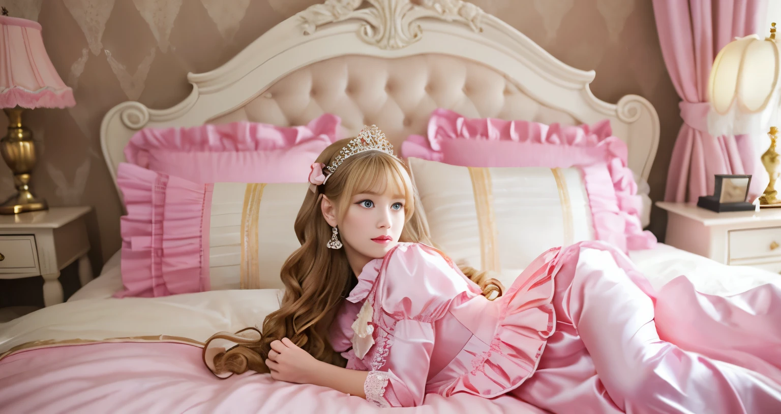 ,highest quality, masterpiece, highest resolution, artwork, super それにget used to it, many get used to it, get used to it, それにget used to it, 3K realistic photos,,(( When I was 10 years old)),Super detailed baby face,She is a princess,Full length ball gown dress with hoop skirt,ruffle yoke collar,puff sleeves,long sleeve,((Lolita style hot pink detailed princess satin dress、Comes with lots of frills and ribbons。)),colorful rococo fashion,shiny satin dress,Soft and smooth fabric,luxury,long blonde hair,blue eyes,white skin european,pajamas,((inside the palace)),,,(( When I was 10 years old)),Super detailed baby face,Full length ball gown dress with hoop skirt,long skirt,ruffle yoke collar,puff sleeves,腰まで伸びるlong blonde hair,blue eyes,white skin european,pajamas,((inside the palace bedroom)),ピンクのシルクサテンのluxuryなcanopy bedの上,canopy bed,Luxurious curtains on both sides of the bed,many frilly pillows on the bed,super detailed background,Detailed bed,romantic atmosphere,little princess is lying on the bed,hugging a pink pillow,both legs are hidden in the dress,the dress is spread across the bed,soft pink silk satin comforter,Soft silk satin ruffled pillow,Beautiful girl illustration,detailed beautiful face detailed hair,detailed human eye ,detailed mouth, arm details,detailed hand,Detailed pillow,