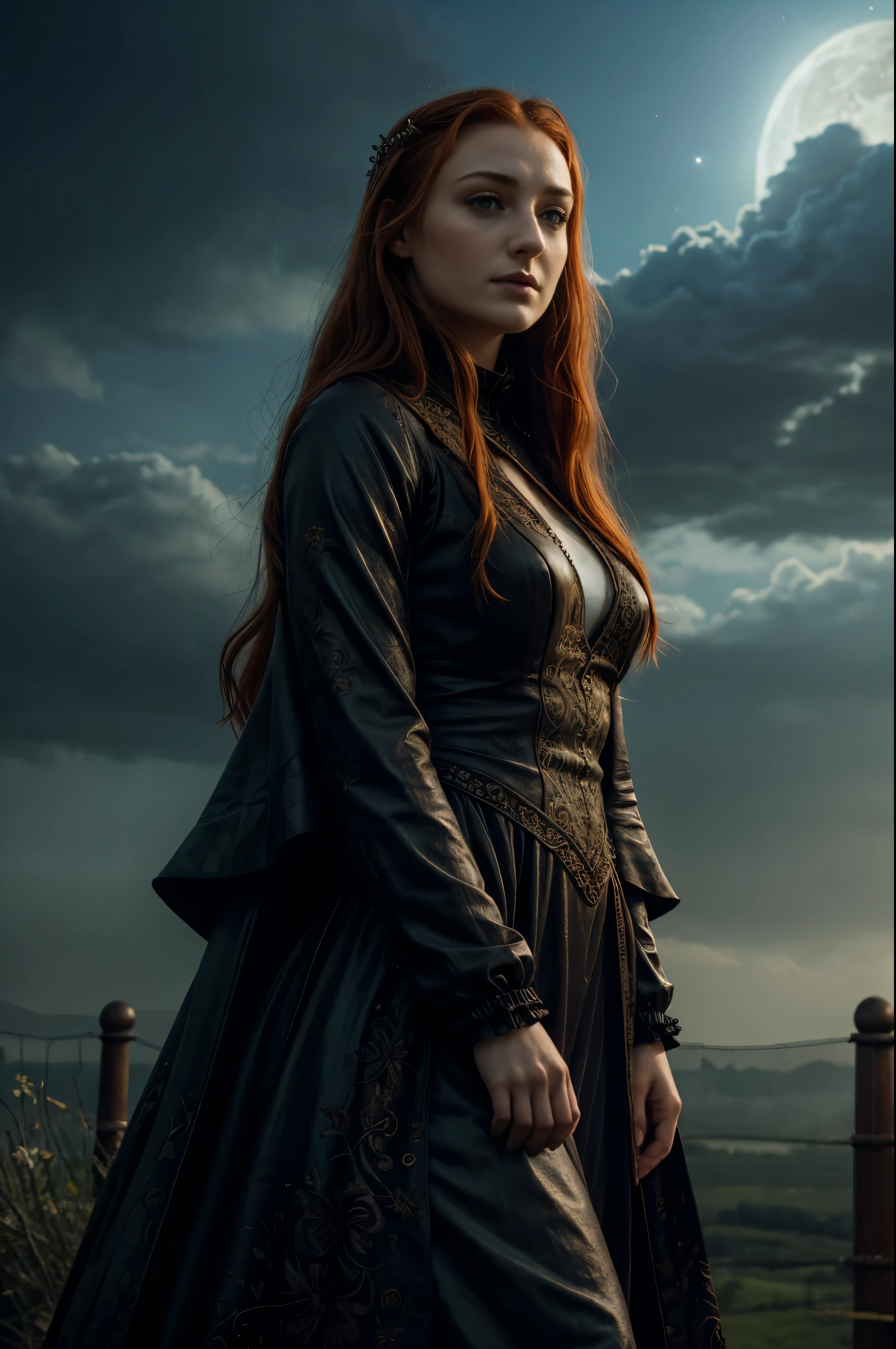 Sansa Stark, Looks like Sophie Turner, Sansa Stark played by Sophie Turner, thick body, photo of beautiful 35 y.o woman, 4k uhd, high quality, dramatic, cinematic, (freckles:0.8), imaginary floral patterns cumulus, a heavy mist of fragrance, noticeable, the bird seed in her hands, growing into birds, giants shelter her body, intricate ornate structures, cumulus cloud survival float around her, radiating, the night sky, deep dark shadows, she hides new seasons, the woman is aware and watching us, we see her energy