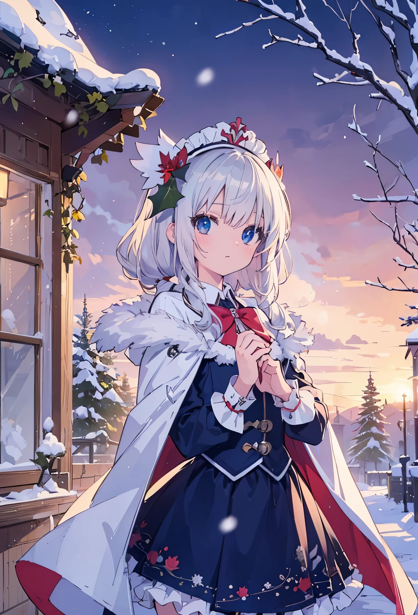 ((Highly accurate drawing in every detail)Extremely precise depiction)[High resolution],(detailed illustrations,Very detailed and precise drawing,Delicate drawn lines with tempo,Realistic texture expression),[color traced main line],[Winter Park [Walking trail](powder snow)],[HENTAI] kawaii ((anime) tareme Girl (Pretty) 12 years old [SKINNY [thin chest]]) (silver hair [[Hairstyles with a wide forehead]]) ((Magical girl)),((holly leaves) headdress) (Fur collared cape((frills) ribbon)[boa fabric dress][Color stockings],transparency [Soft ambient light] gravure [Colorful],(intricate and beautiful decoration [Dense detail]),(Fine and beautiful skin expression [transparency]),Precisely drawn eyes[完璧な目のdetailed(Iris drawn in minute detail)(Beautiful eyes like jewels)],[eyes light[Pinpoint lighting for the eyes]],[long and beautiful eyelashes],[precisely drawn hair [美しく艷やかな髪のdetailed]],(完璧な手のdetailed [Beautiful fingers with no damage [beautiful nails]]),(perfect anatomy(perfectly balanced proportions))[[full body portrait]],[ideal color coordination(Accurate simulation of light and material interactions)],([Precision Detail](detailed,High definition)),[[Pale and gentle colors]][Visual art that tells a story].