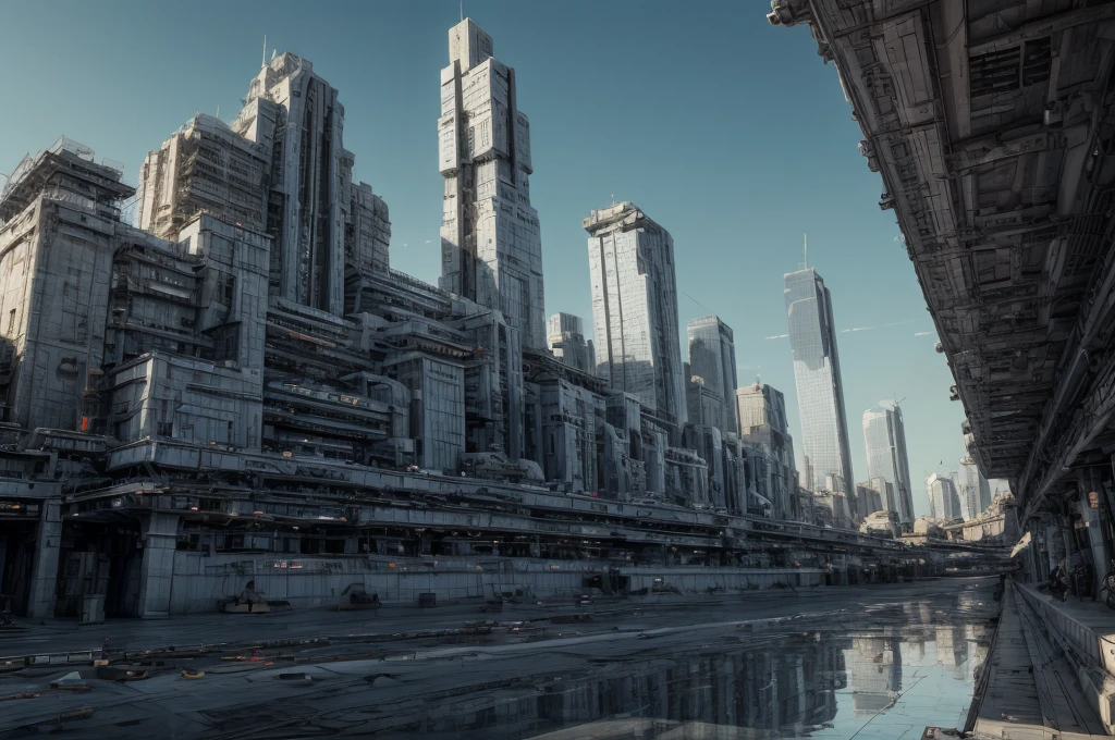 Incredible fantasy city, mega skyscrapers, flying cars, space elevator towers, Super Detail, trees, flowers, Many different buildings, spaceships in the sky, Ultra detail, many elements, blue and gold, yellow numbers on buildings, straight and smooth lines, Street, evening, A lot of cars, sharp lines, contrast, City River, water fall, trees по берегу, helicopter landing pads, interceptor hangars.
