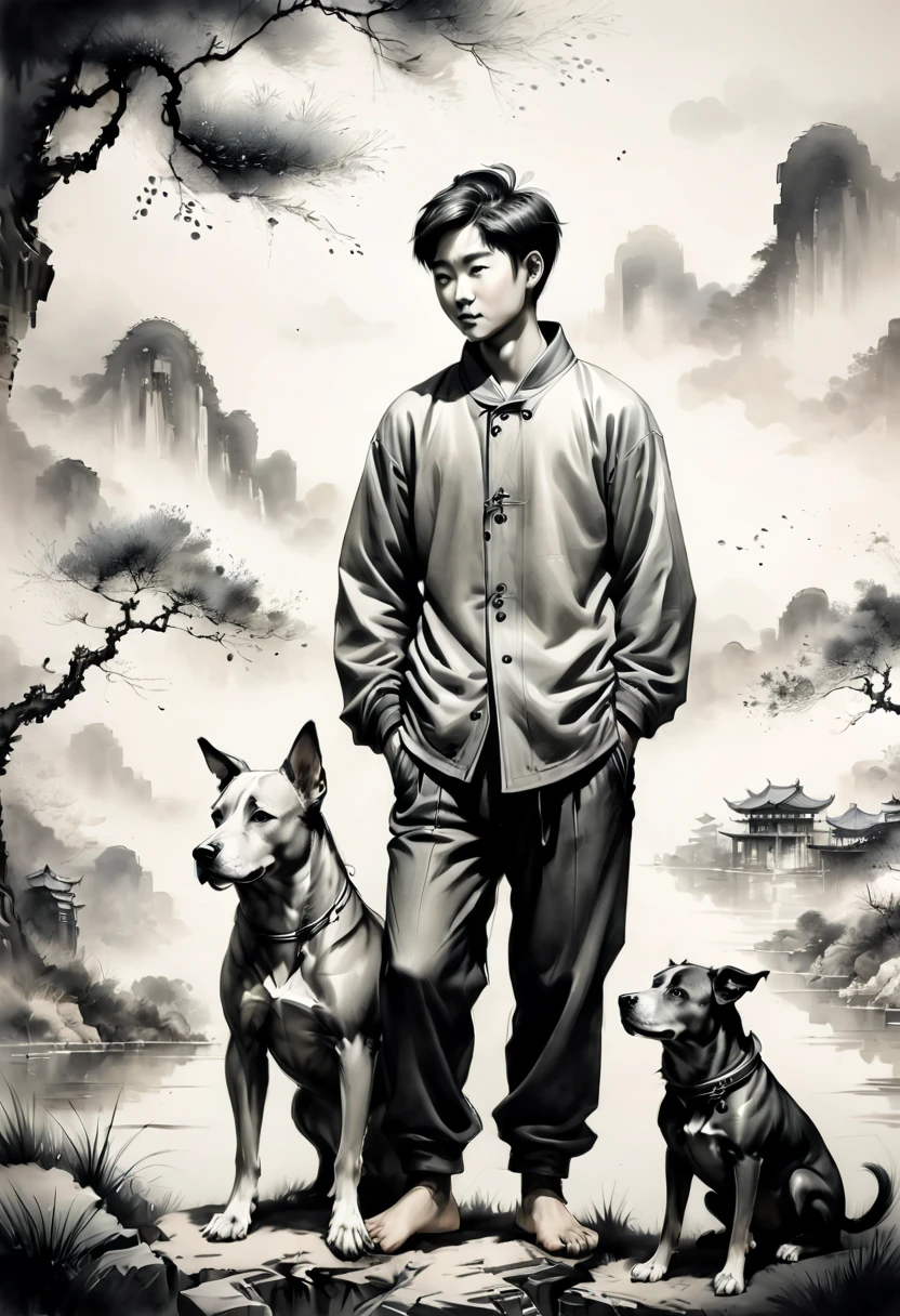 a boy and a dog by side, chinese Ink style painting, Ink Style Figure, warm atmosphere, monochrome, Grayscale, clear lines, (best quality, masterpiece, Representative work, official art, Professional, Ultra high detail, 8k)