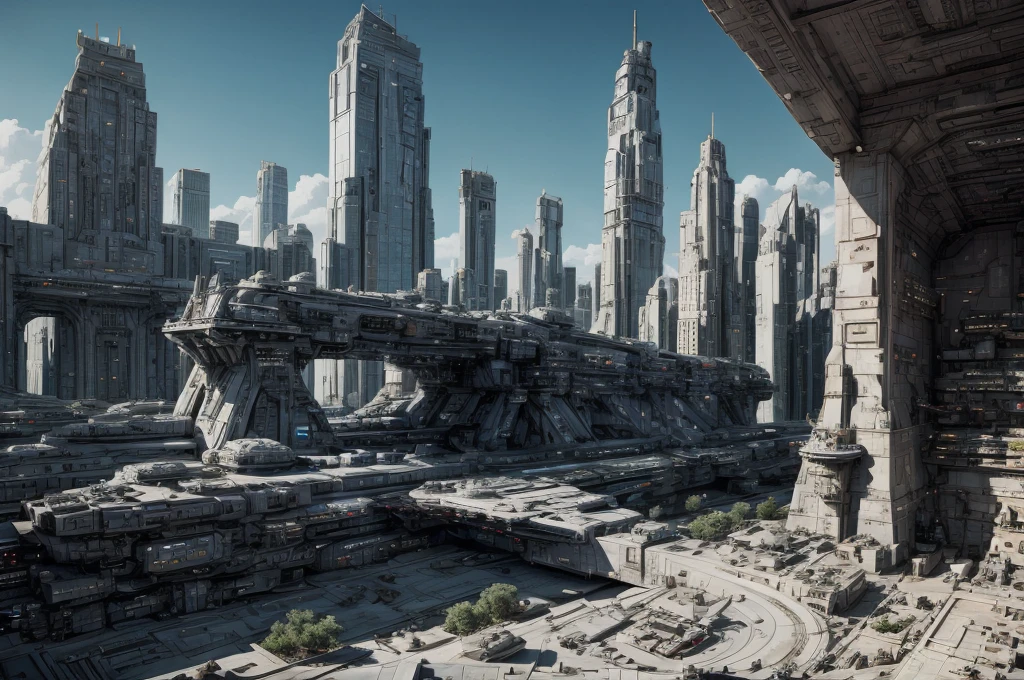 Incredible fantasy city, mega skyscrapers, flying cars, space elevator towers, Super Detail, trees, flowers, Many different buildings, spaceships in the sky, Ultra detail, many elements, blue and gold, yellow numbers on the towers, Street, dawn,