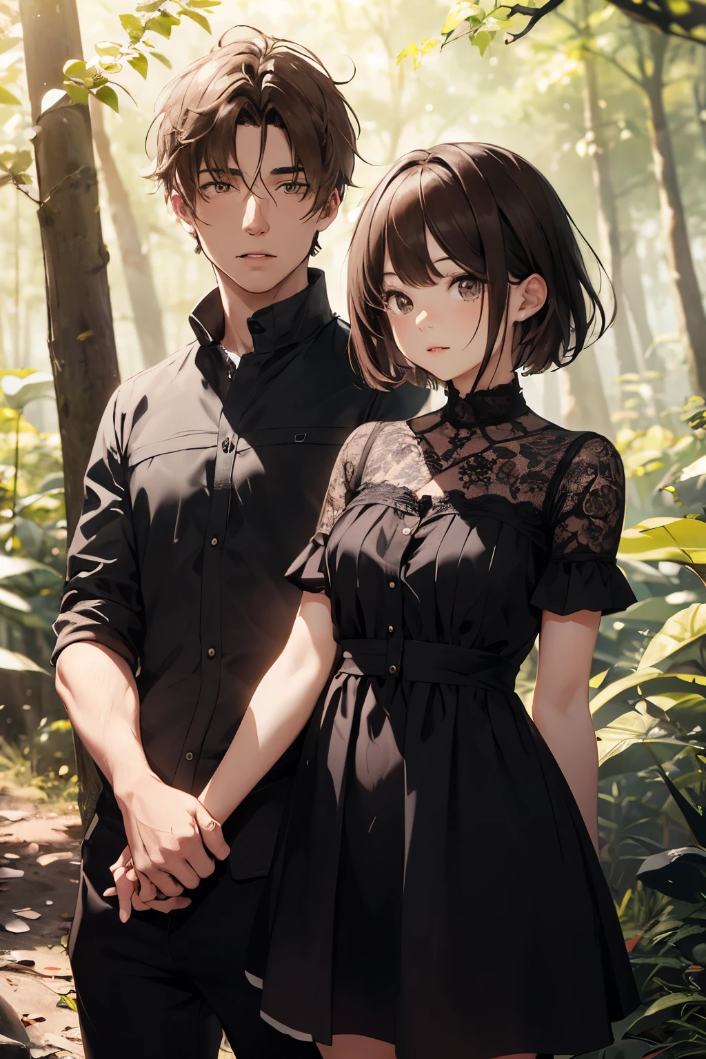 Sofia and damian, outdoors, in the forest, sofia short hair, detailed eyes, brown eyes, brown hair, girl dress.