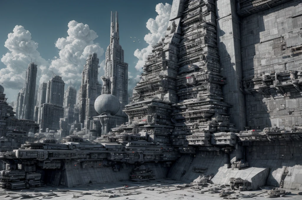 Incredible fantasy city, mega skyscrapers, flying cars, space elevator towers, Super Detail, trees, flowers, Many different buildings, spaceships in the sky, Ultra detail, many elements, blue and gold, yellow numbers on the towers, Street, dawn, 