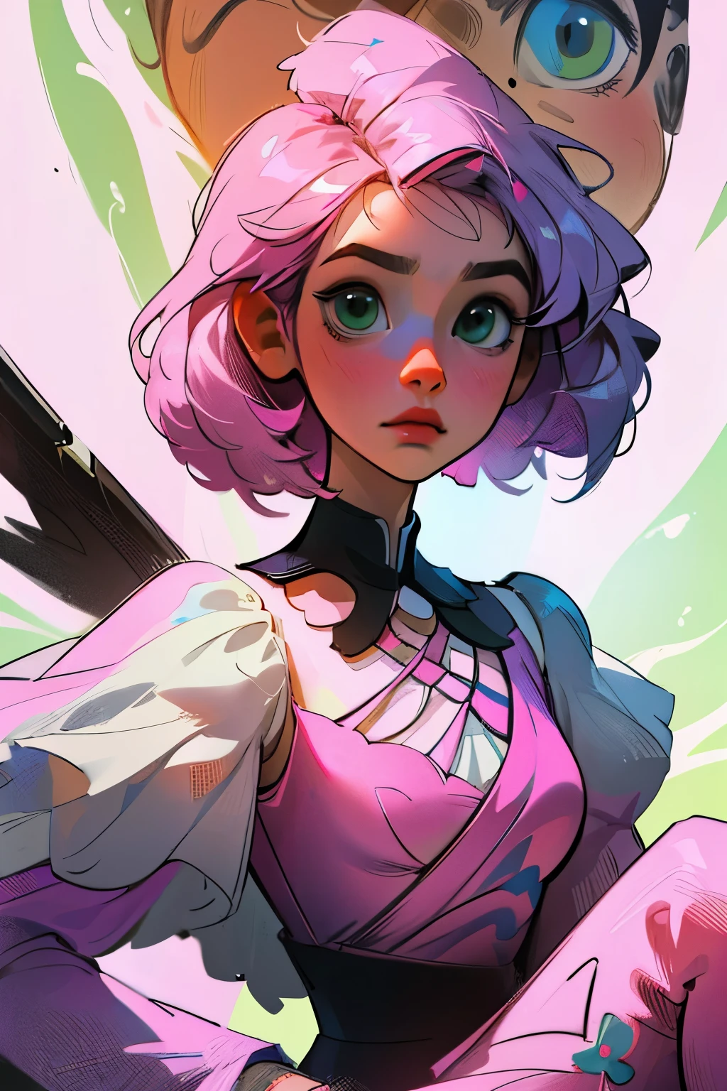 Alisa bosconovitch, melhor qualidade, contemporary, estilo plano, minimalismo, Green Eyes Flat Illustration, cabelo rosa, cabelo curto, cabelos multicoloridos, Camisa Preta, mechanical wings, Head Portrait Close-U, peito pontudo, decote, super decote, middlebreasts, Tekken，cabelo rosa pastel, 1girl, em quimono, hand-painted，Desenho de linha sem cor, colorida do yandere pastel, Tekken, [Detailed illustrations, Arte baseada em anatomia extremamente ideal, desenhos muito detalhados e detalhados, delicate lines with slowness and urgency, Realistic texture expression],(((Linhas principais coloridas)),(Obras de arte com excelente artesanato),(fundo do parque),[HENTAI anime japonesa bonita  de idade Skinny] cabelo rosa claro, com roupa de empregada，figura esbelta，robusto，He sat on the floor，Vestido com roupas de empregada rosa e branco，cabelos muito curtos，com orelhas de gato，quadratic element，, kawaii cor-de-rosa na roupa da era de 1910, Alisa Bosconovich pink lips, no estilo da paleta de cores suave aurorapunk, an anime illustration of his face, gifs animados, hand drawn animation, charming sketches, suave e brilhante, romantismo nebuloso, Estilo Superflat, fundo branco - ar 1:1 - niji 5 - estilo expressivo --s 50
