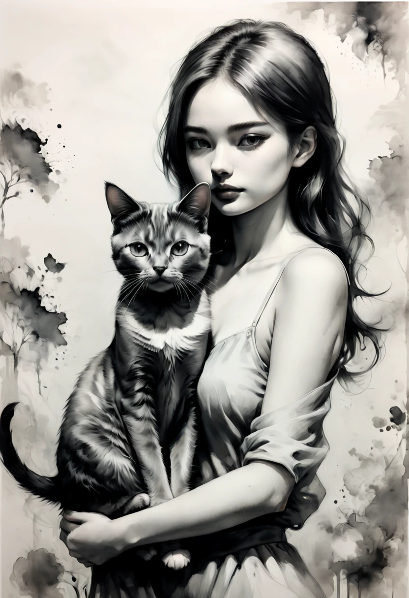 a girl with cat, Ink style painting, Ink Style Figure, warm atmosphere, minimalism, monochrome, Grayscale, clear lines, (best quality, masterpiece, Representative work, official art, Professional, Ultra high detail, 8k)