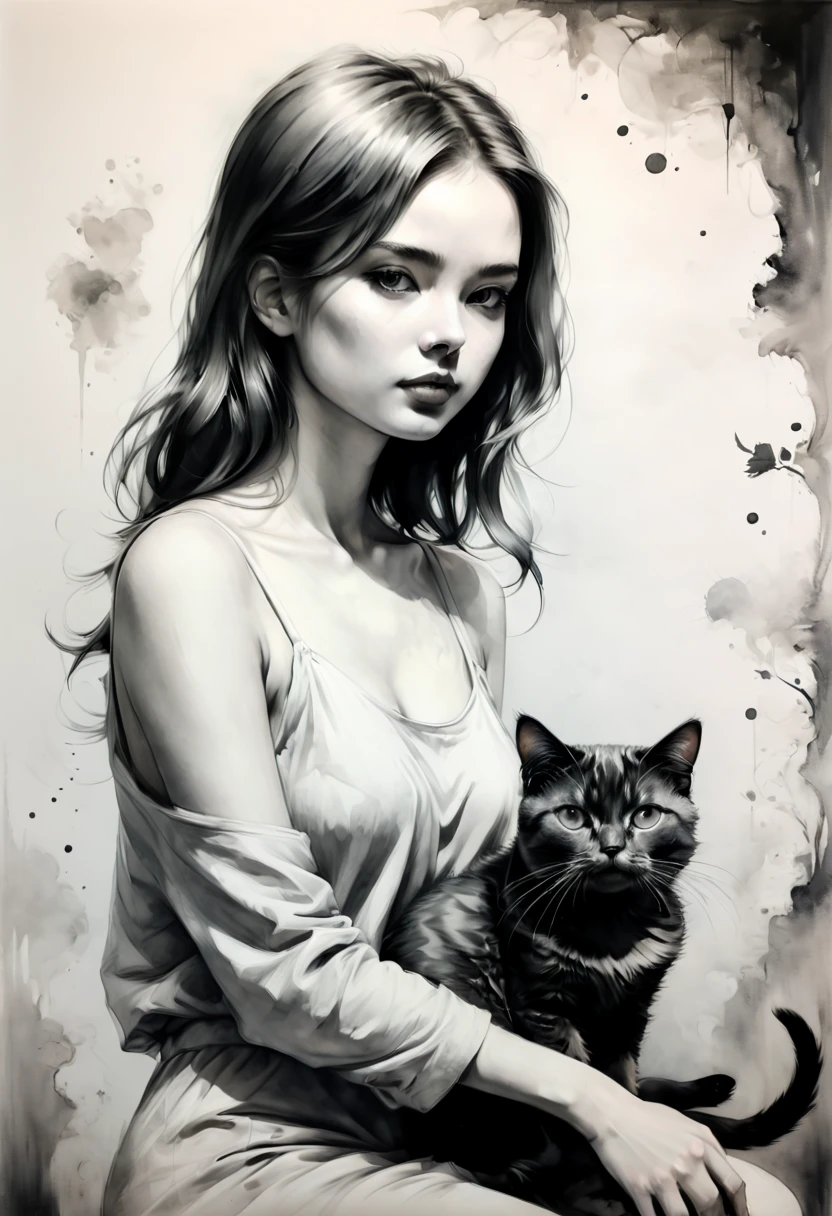 a girl with cat, Ink style painting, Ink Style Figure, warm atmosphere, minimalism, monochrome, Grayscale, clear lines, (best quality, masterpiece, Representative work, official art, Professional, Ultra high detail, 8k)