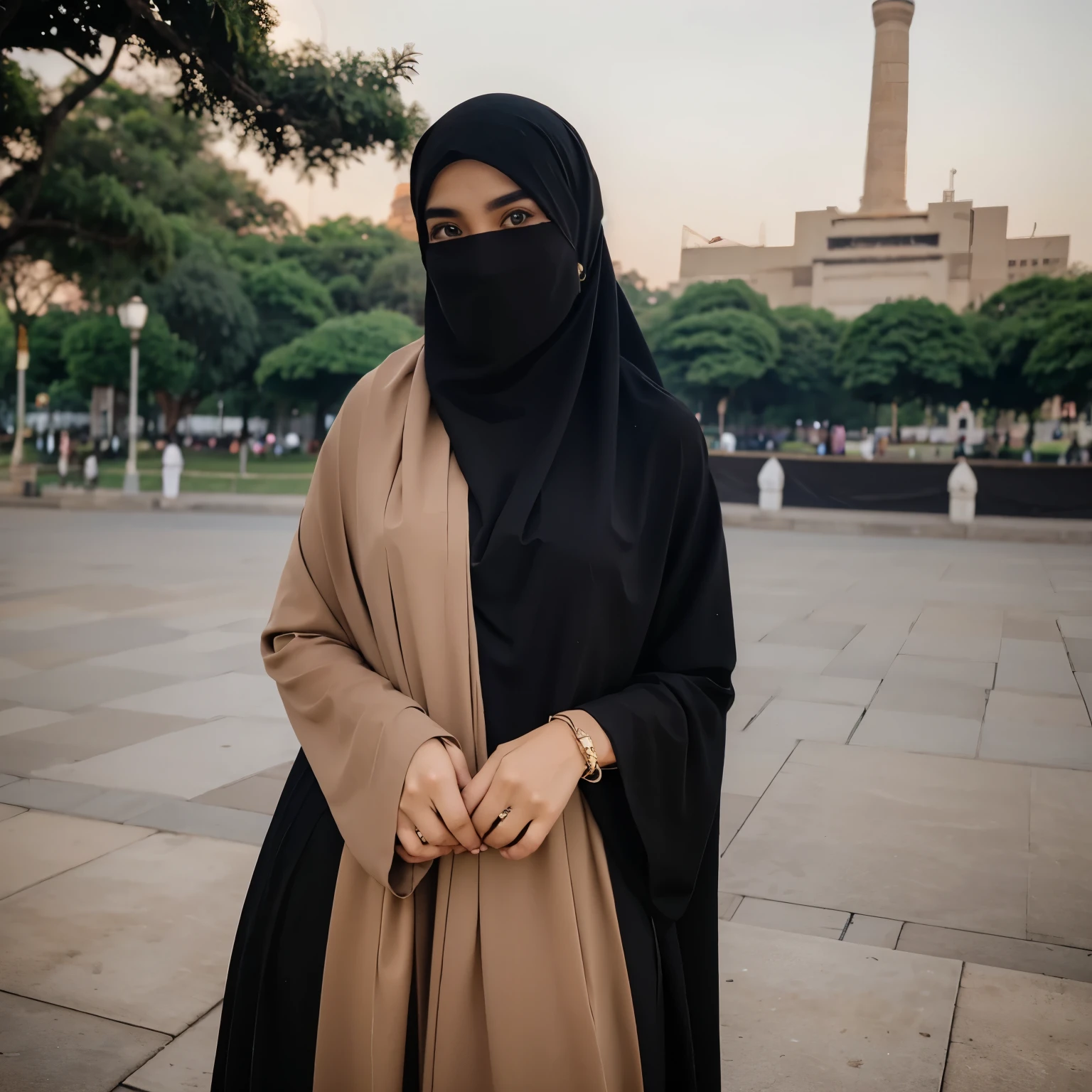 Beautiful face, brown eyes, bold eyebrow, pretty smile, wearing hijab, black long hijab, wearing long dress, small bag in side arm. Monas background