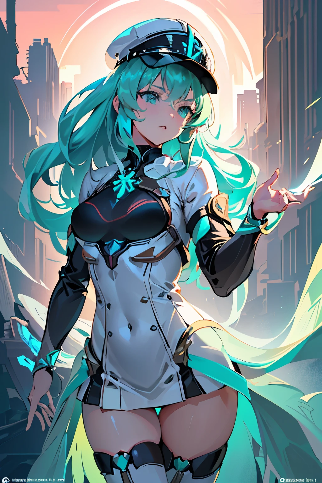 Anime, Girl, (((1girl))), (((Waifu, Xenoblade Chronicles 2, Pneuma Waifu))), (((Seafoam Green Hair, Long Hair))), ((Seafoam Green Eyes eyes:1.3, Upturned Eyes: 1, Perfect Eyes, Beautiful Detailed Eyes, Gradient eyes: 1, Finely Detailed Beautiful Eyes: 1, Symmetrical Eyes: 1, Big Highlight On Eyes: 1.2)), (((Lustrous Skin: 1.5, Bright Skin: 1.5, Skin Fair, Shiny Skin, Very Shiny Skin, Shiny Body, Plastic Glitter Skin, Exaggerated Shiny Skin, Illuminated Skin))), (Detailed Body, (Detailed Face)), Young, Idol Pose, (Best Quality), Techwear, (((Military Uniform))), (((Military Cap))), (((Military Coat))), (((Thigh-high Heeled Boots))), High Resolution, Sharp Focus, Ultra Detailed, Extremely Detailed, Extremely High Quality Artwork, (Realistic, Photorealistic: 1.37), 8k_Wallpaper, (Extremely Detailed CG 8k), (Very Fine 8K CG), ((Hyper Super Ultra Detailed Perfect Piece)), (((Flawlessmasterpiece))), Illustration, Vibrant Colors, (Intricate), High Contrast, Selective Lighting, Double Exposure, HDR (High Dynamic Range), Post-processing, Background Blur