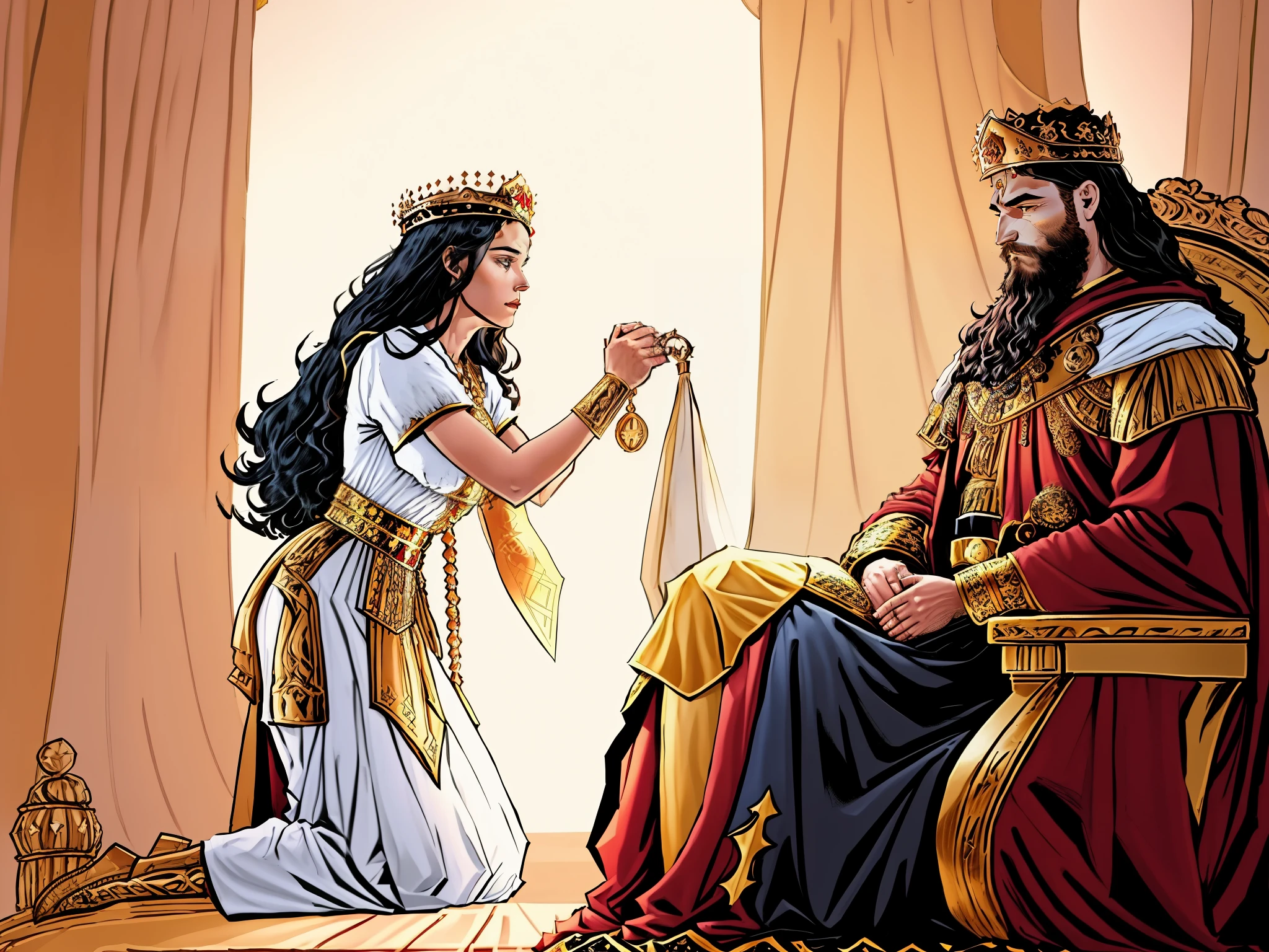 há uma mulher with a crown on her head, ajoelhada diante de um rei. The woman is kneeling. There&#39;s a king with a beard sitting on his throne, with a crown on her head. There is a servant standing. Trajes reais. biblical costumes. biblical style. biblical setting, Estilo comics