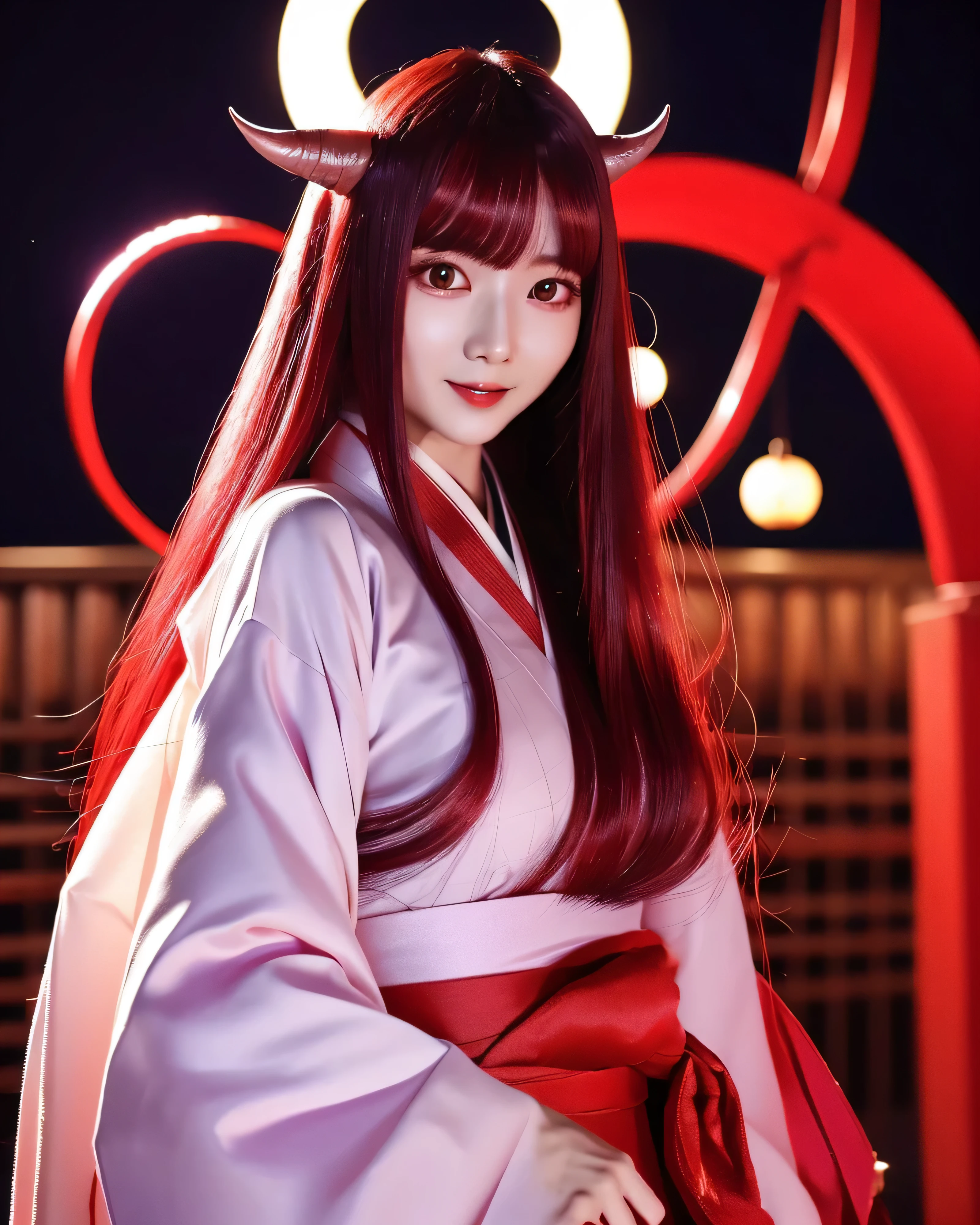beautiful japanese woman (devil girl:1.5) (whole body:1.2) complex colored red hair platinum red thin hair small devil horns on forehead Detailed complex hair natural makeup Super Long Straight Silk Hair asymmetrical bangs big magic eyes moist red eyes mischievous smile simple red kimono full moon night Purple Night Sky pointed double teeth smooth white skin professional lighting