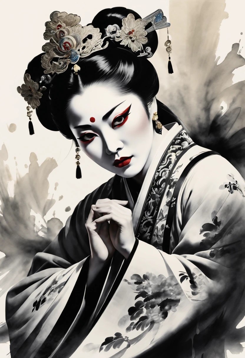 The expressions and postures of famous Peking opera actors are shown through the contrast of ink and color...Simple black and white background.super detailed.Famous Peking Opera Dancers.Black and white ink painting style,sexy painting, Beautiful and elegant face.Mysterious and elegant..Reveal fair and beautiful face.Outline with black ink，Ink splash effect、smooth lines，Displays characters&#39; Express expressions and postures through ink contrast，The background is simple，emphasize light, shadow and space。(best quality,4K,8k,high resolution,masterpiece:1.2),light tone.Light gold color scheme、high resolution细节、Ink splash effect、Bright and fresh colors