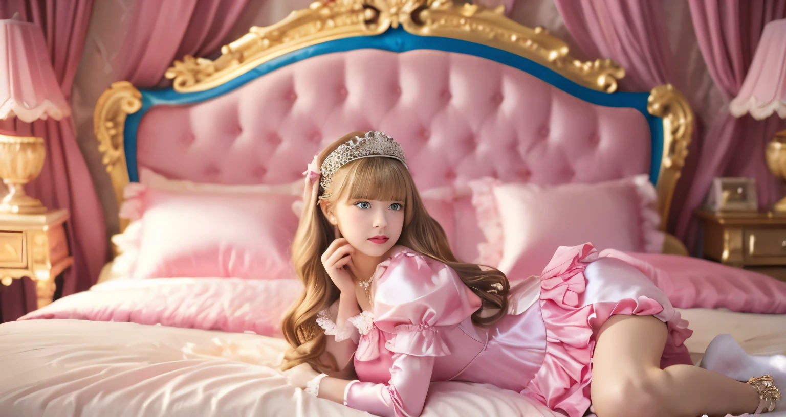 ,highest quality, masterpiece, highest resolution, artwork, super それにget used to it, many get used to it, get used to it, それにget used to it, 3K realistic photos,,(( When I was 10 years old)),Super detailed baby face,She is a princess,Full length ball gown dress with hoop skirt,ruffle yoke collar,puff sleeves,long sleeve,((Lolita style hot pink detailed princess satin dress、Comes with lots of frills and ribbons。)),colorful rococo fashion,shiny satin dress,Soft and smooth fabric,luxury,long blonde hair,blue eyes,white skin european,pajamas,((inside the palace)),,,(( When I was 10 years old)),Super detailed baby face,Full length ball gown dress with hoop skirt,long skirt,ruffle yoke collar,puff sleeves,腰まで伸びるlong blonde hair,blue eyes,white skin european,pajamas,((inside the palace bedroom)),ピンクのシルクサテンのluxuryなcanopy bedの上,canopy bed,Luxurious curtains on both sides of the bed,many frilly pillows on the bed,super detailed background,Detailed bed,romantic atmosphere,little princess is lying on the bed,hugging a pink pillow,both legs are hidden in the dress,the dress is spread across the bed,soft pink silk satin comforter,Soft silk satin ruffled pillow,Beautiful girl illustration,detailed beautiful face detailed hair,detailed human eye ,detailed mouth, arm details,detailed hand,Detailed pillow,