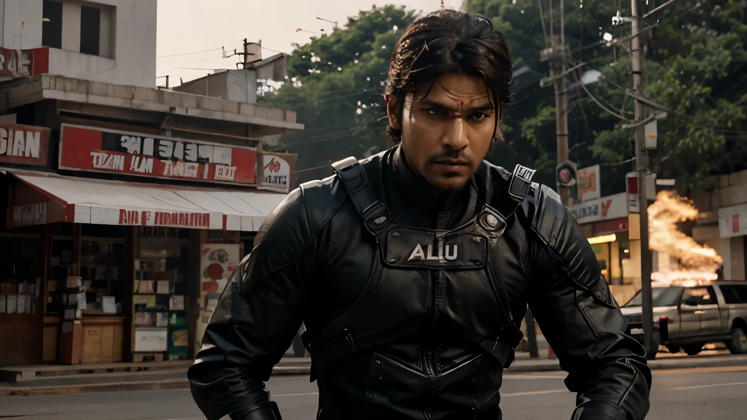 make a movie poster of an indian action film It is the chapter two of pushap, indian actor "allu arjun"