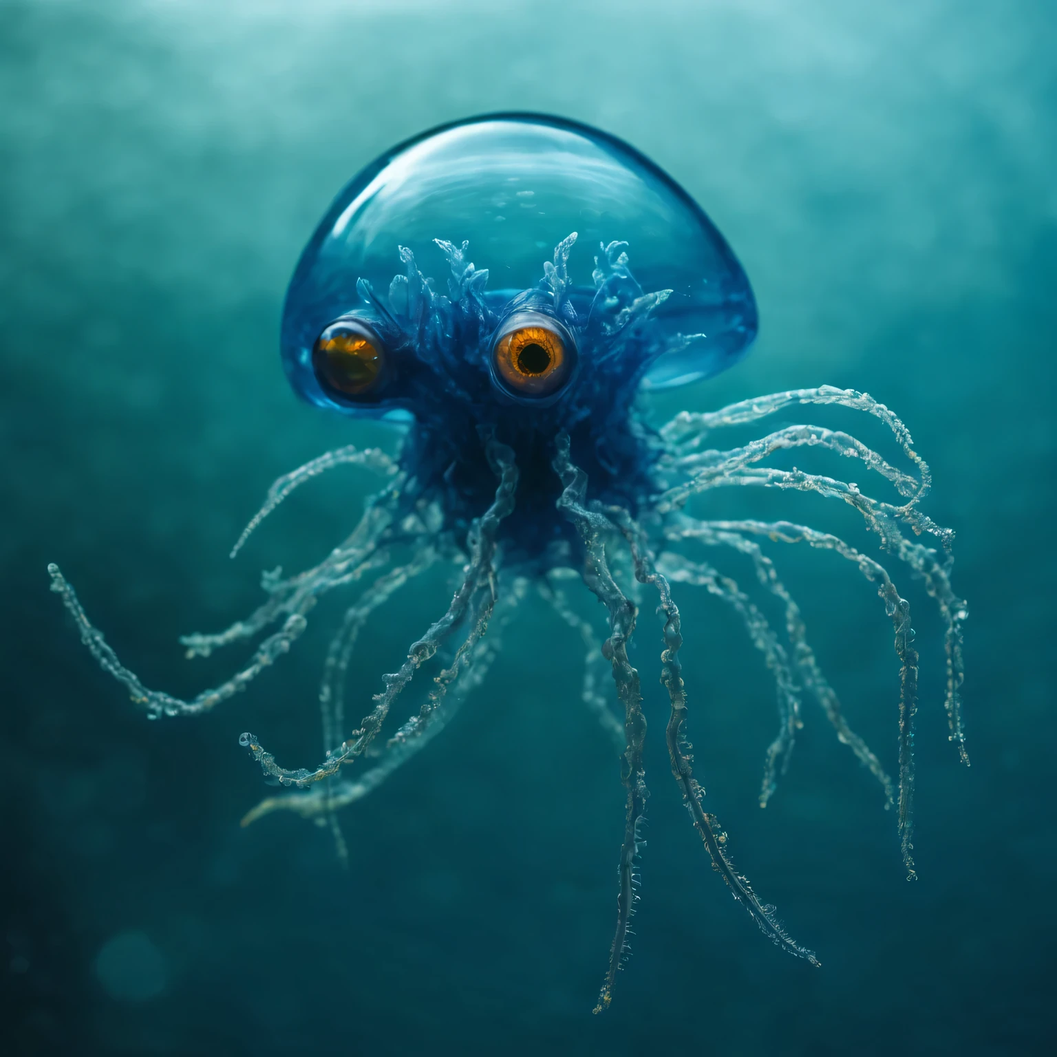 Closeup photo of a miniature alien life form in azure sea water, alien life form with transparent jelly-like sea creature body, transparent flesh with visible alien marine luminescent veins, the alien life form has four transparent beautiful eyes, Contrasting, expressive stubble, high detail, a high resolution, a high resolution