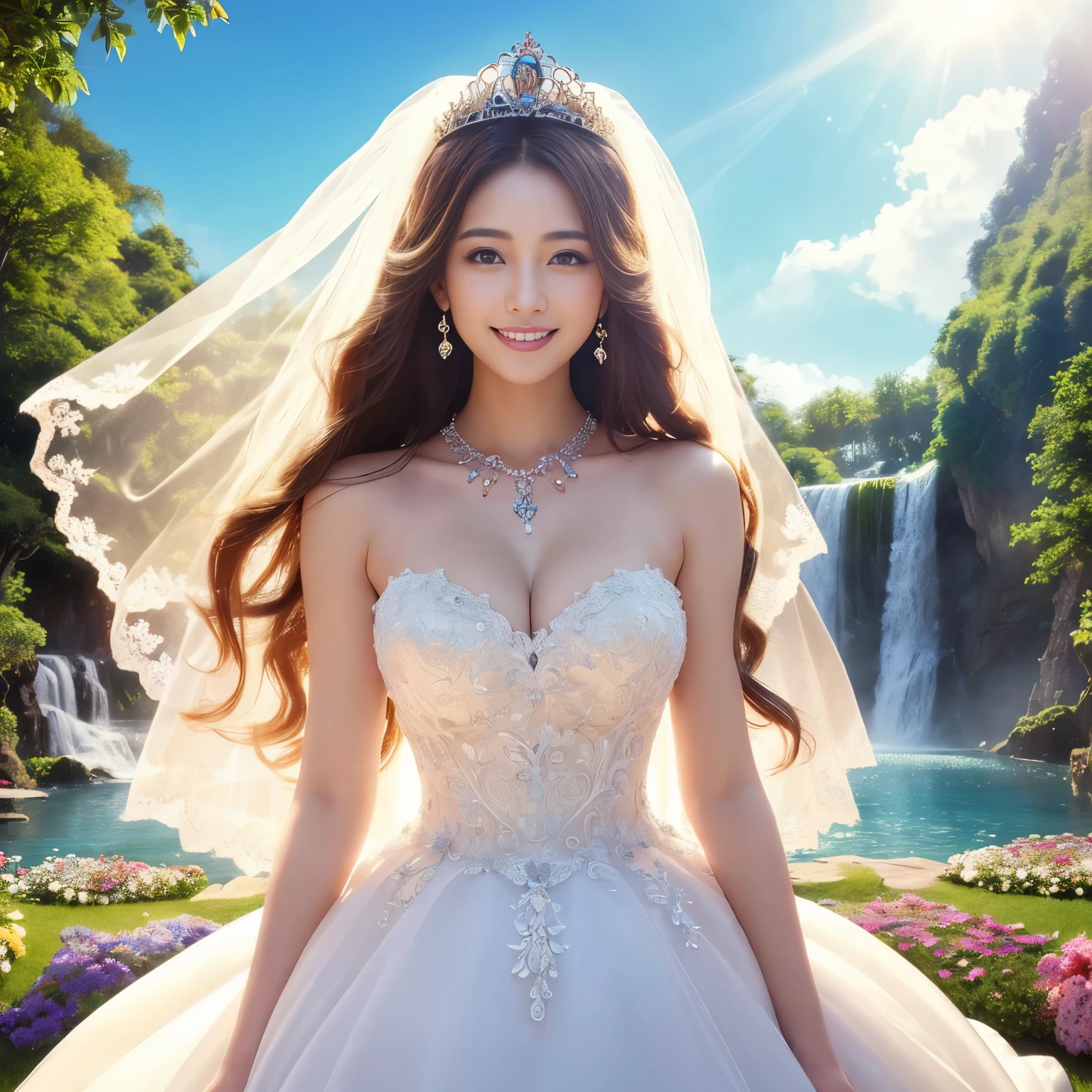 (highest quality、table top、8K、best image quality、hyper realism)、bride princess、princess in wedding dress、slightly pregnant、highly detailed face、upper body photo、big breasts、(look at me最大の笑顔、the happiest smile), look at me、long hair fluttering in the wind, (Colorful flower garden、A heavene of colorful flowers)、(The most luxurious pure white wedding dress、A fantastic pure white wedding dress with a divine glow、wedding lace、The most luxurious and highest quality giant tiara、The most luxurious and highest quality giant necklace)、accurate anatomy、fairy tale atmosphere、fairy tale sparkle、beautiful clear sky、Very fantastic、sacred waterfall、(heavenのような雰囲気、A treasure trove of beautiful nature、heavene、神秘的なheaven、heaven)、Shining beautiful skin、beautiful waterfall in the background、(幻想的なheaven)