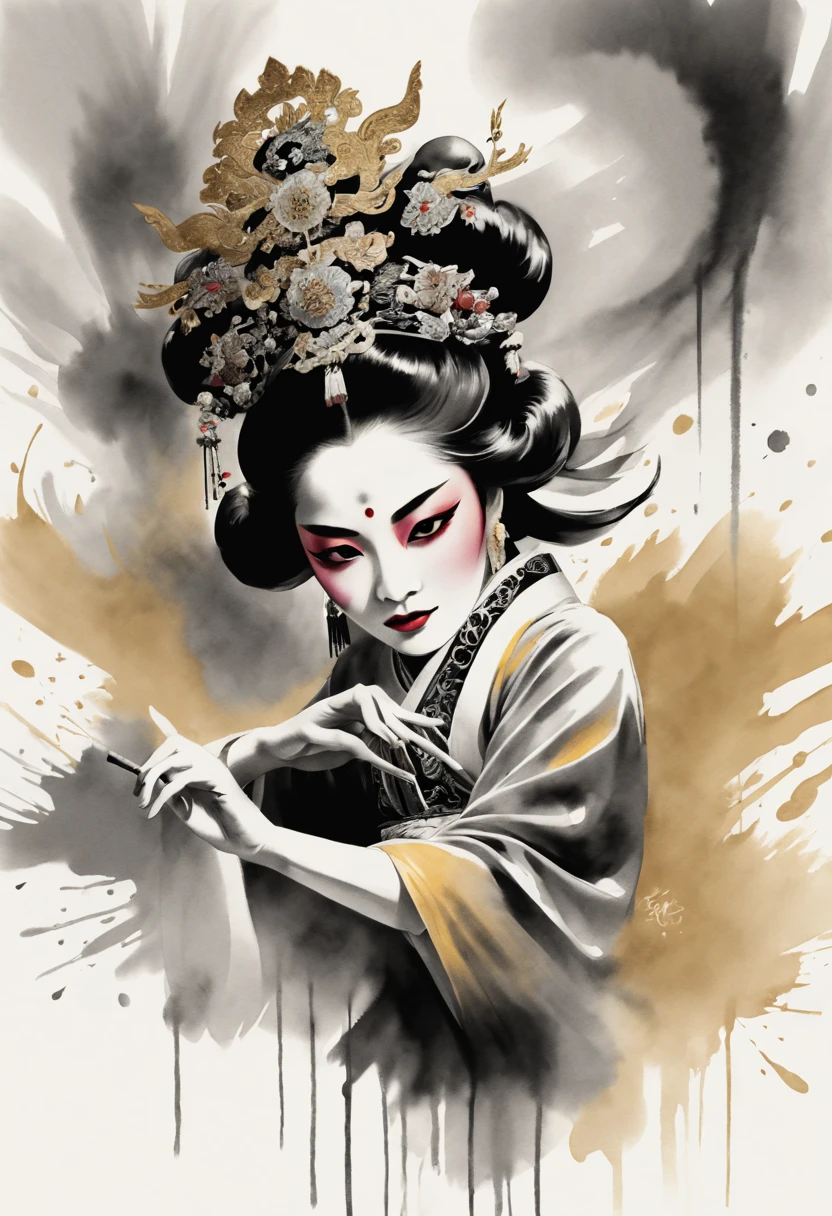 The expressions and postures of famous Peking opera actors are shown through the contrast of ink shades..Simple black and white background.super detailed.Famous actors dancing in Peking Opera.Black and white ink painting style,sexy painting, beautiful elegant face.Mysterious and elegant..Reveal fair and beautiful face.Outlined with black ink,Ink splash effect、smooth lines,Show the characters' expressions and postures through the contrast of ink shades,The background is minimalist,Emphasis on light, shadow and space。(best quality,4K,8k,high resolution,masterpiece:1.2),light tone.Light gold color scheme、high resolution细节、Ink splash effect、The colors are bright and fresh