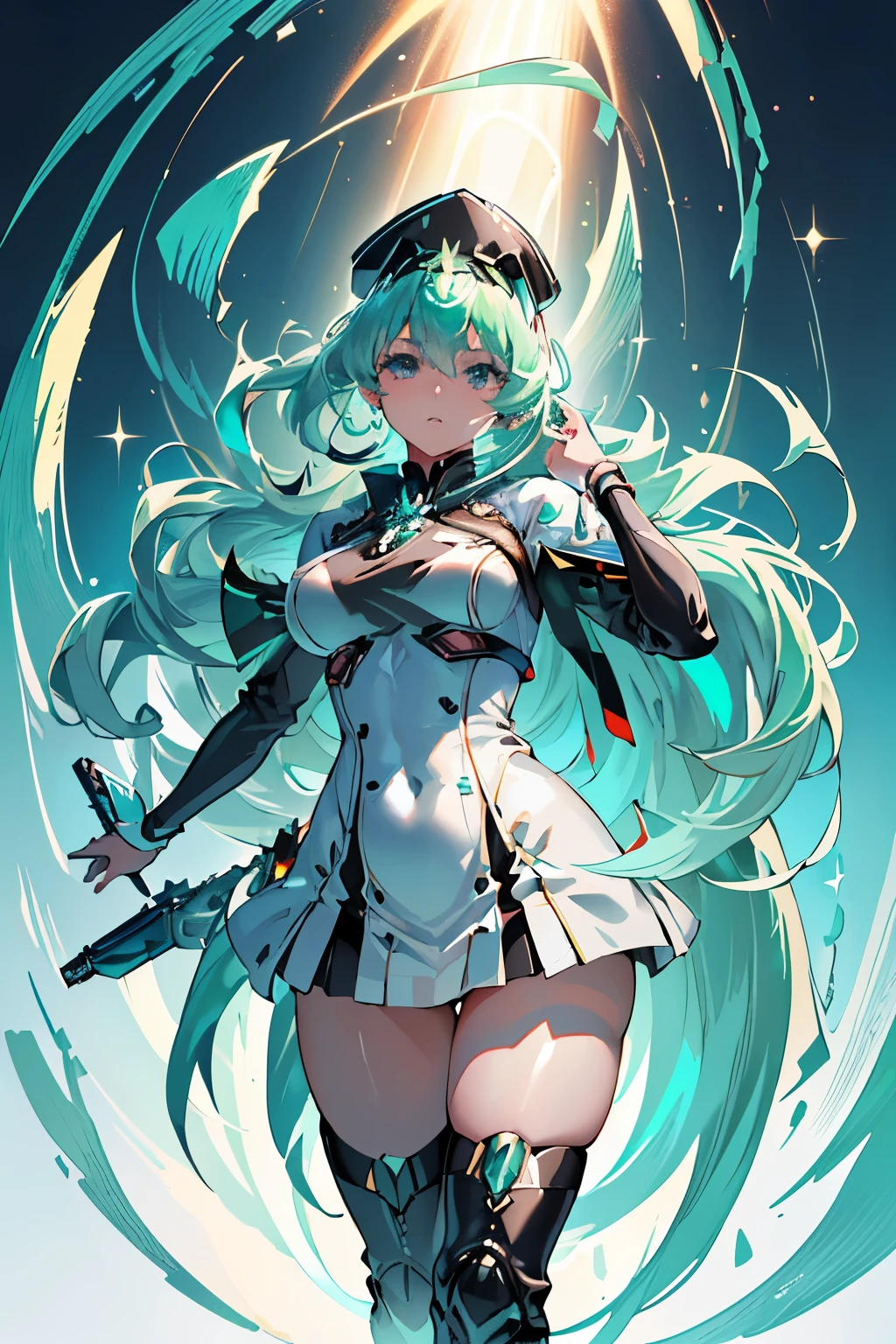 Anime, Girl, (((1girl))), (((Waifu, Xenoblade Chronicles 2, Pneuma Waifu))), (((Seafoam Green Hair, Long Hair))), ((Seafoam Green Eyes eyes:1.3, Upturned Eyes: 1, Perfect Eyes, Beautiful Detailed Eyes, Gradient eyes: 1, Finely Detailed Beautiful Eyes: 1, Symmetrical Eyes: 1, Big Highlight On Eyes: 1.2)), (((Lustrous Skin: 1.5, Bright Skin: 1.5, Skin Fair, Shiny Skin, Very Shiny Skin, Shiny Body, Plastic Glitter Skin, Exaggerated Shiny Skin, Illuminated Skin))), (Detailed Body, (Detailed Face)), Young, Idol Pose, (Best Quality), Techwear, (((Military Uniform))), (((Military Cap))), (((Military Coat))), (((Thigh-high Heeled Boots))), High Resolution, Sharp Focus, Ultra Detailed, Extremely Detailed, Extremely High Quality Artwork, (Realistic, Photorealistic: 1.37), 8k_Wallpaper, (Extremely Detailed CG 8k), (Very Fine 8K CG), ((Hyper Super Ultra Detailed Perfect Piece)), (((Flawlessmasterpiece))), Illustration, Vibrant Colors, (Intricate), High Contrast, Selective Lighting, Double Exposure, HDR (High Dynamic Range), Post-processing, Background Blur