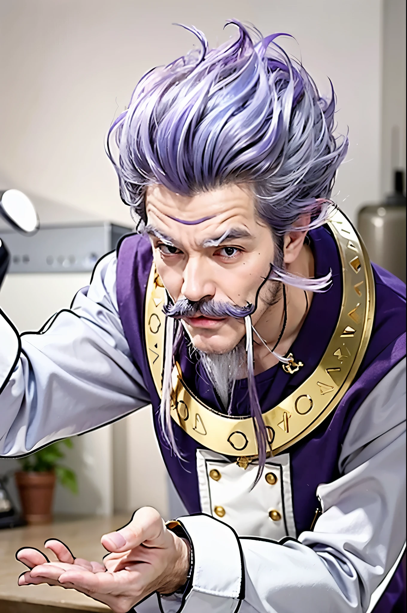 old man , silver fiery hair with slim mustache ,purple shirt with gold cercle , a hand