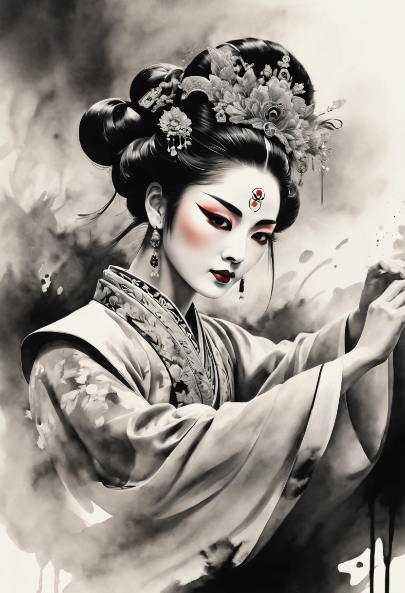 The expressions and postures of famous Peking opera actors are shown through the contrast of ink and color...Simple black and white background.super detailed.Famous Peking Opera Dancers.Black and white ink painting style,sexy painting, Beautiful and elegant face.Mysterious and elegant..Reveal fair and beautiful face.Outline with black ink，Ink splash effect、smooth lines，Displays characters&#39; Express expressions and postures through ink contrast，The background is simple，emphasize light, shadow and space。(best quality,4K,8k,high resolution,masterpiece:1.2),light tone.Light gold color scheme、high resolution细节、Ink splash effect、Bright and fresh colors
