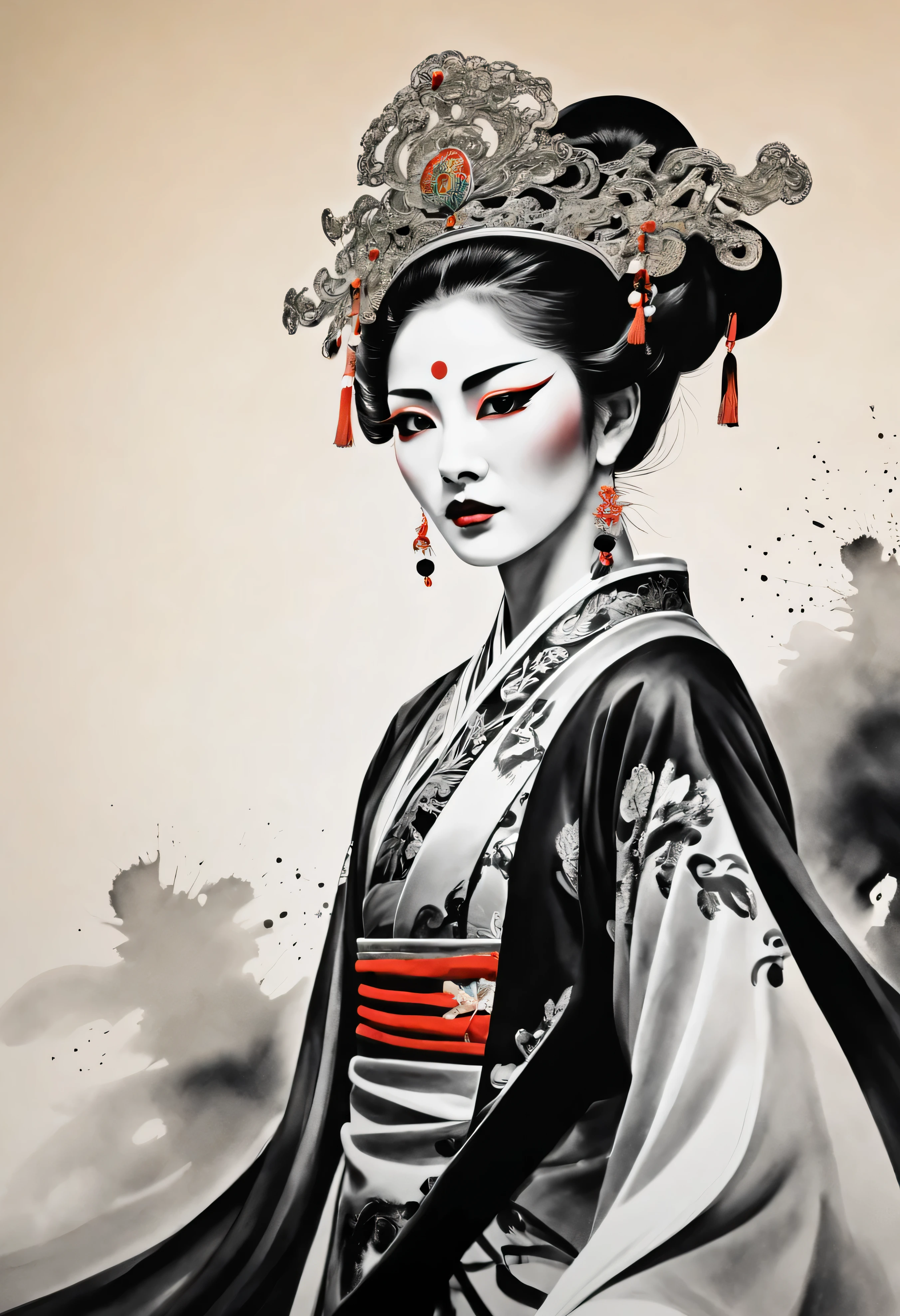 The expressions and postures of famous Peking opera actors are shown through the contrast of ink and color...Simple black and white background.super detailed.Famous Peking Opera Dancers.Black and white ink painting style,sexy painting, Beautiful and elegant face.Mysterious and elegant..Reveal fair and beautiful face.Outline with black ink,Ink splash effect、smooth lines,Displays characters' Express expressions and postures through ink contrast,The background is simple,emphasize light, shadow and space。(best quality,4K,8k,high resolution,masterpiece:1.2),light tone.Light gold color scheme、high resolution细节、Ink splash effect、Bright and fresh colors