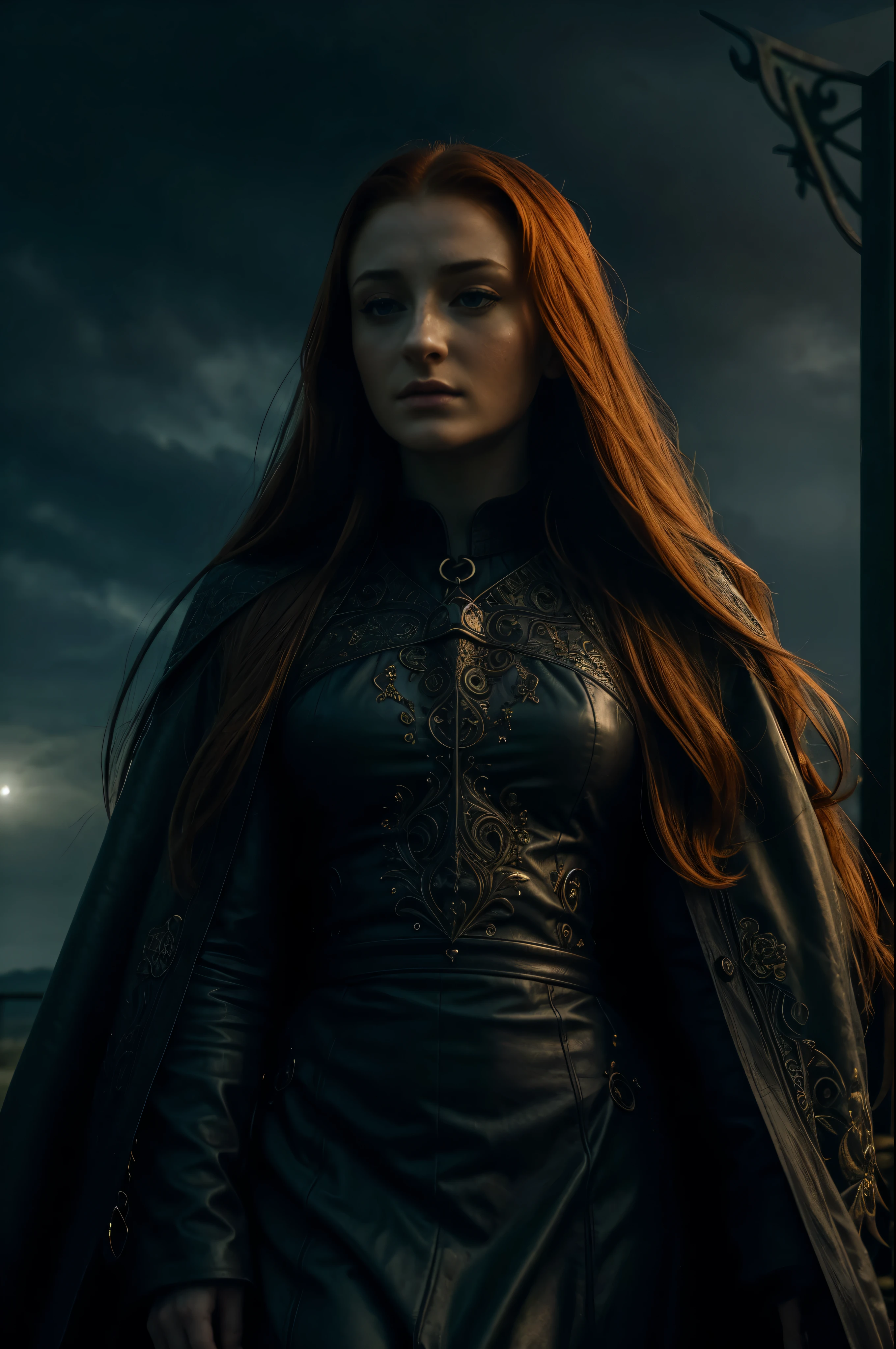 Sansa Stark, Looks like Sophie Turner, Sansa Stark played by Sophie Turner, thick body, photo of beautiful 35 y.o woman, 4k uhd, high quality, dramatic, cinematic, (freckles:0.8), imaginary floral patterns cumulus, a heavy mist of fragrance, noticeable, the bird seed in her hands, growing into birds, giants shelter her body, intricate ornate structures, cumulus cloud survival float around her, radiating, the night sky, deep dark shadows, she hides new seasons, the woman is aware and watching us, we see her energy