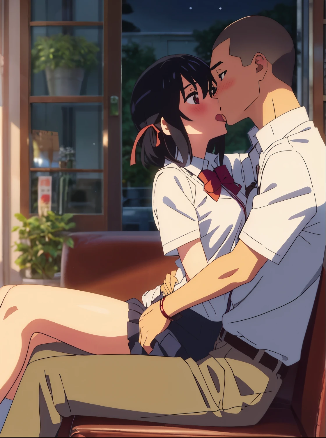 shinkai makoto, kimi no na wa., 1girl, 1boy, bangs, black hair, blush, school uniform, red bow, red headband, red ribbon, short hair, cute, heart, love, couple, romance,, adorable, short sleeves, dating, kiss, tongue kiss, atmosphere of love, night, indoors, bracelet, passionate hug, buzz cut, rape