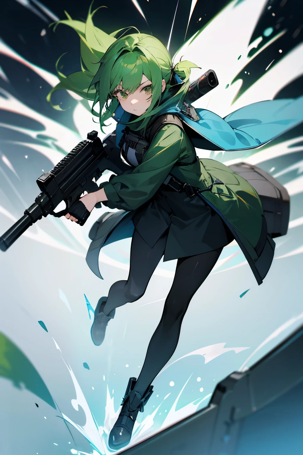 1girl, black shoes, wearing glass, wearing blue coat, have a grenade launcher, green hair, japan anime style