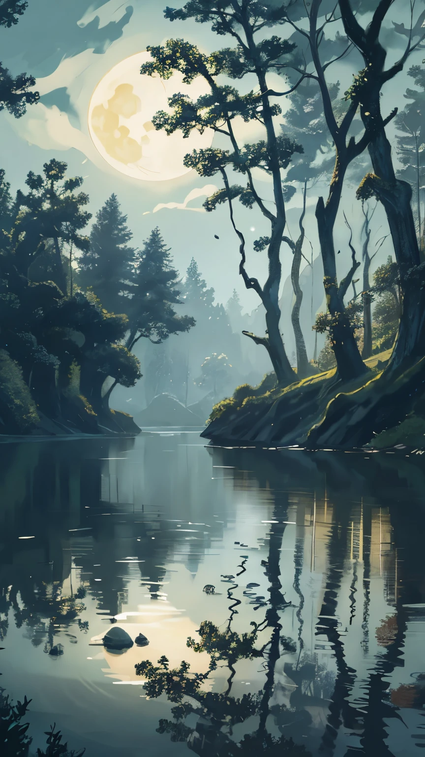 Masterpiece, in the heart of the forest, solo, beneath the canopy of ancient trees, with twisted roots and mossy bark, lies a serene river winding its way along the edge of a cliff, dressed in dark waters. Above, the moon casts its gentle glow, illuminating the landscape with a silver hue, creating an ultra-detailed, realistic, and high-resolution scene. The tranquil waters of the river mirror the moon's brilliance, reflecting every shiny pebble and rippling wave, showcasing the finest details and dynamic light and shadow.

As the night deepens, the forest comes alive with the sounds of nature, the hoots