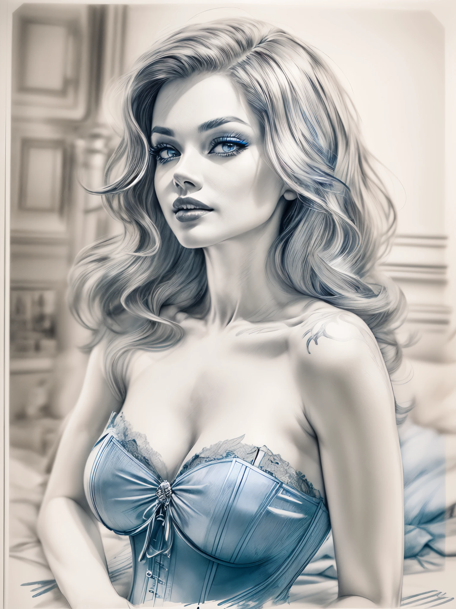 A (ink wash painting: 1.5) glamouruse model shot, ink sketch, RAW, award winning, of an exquiste beautiful 1solo woman, ultra feminine, full body, busty woman, most beautiful face, long  hair, wavy hair, wearing (blue: 1.5) silk corset, stockings, wearing intricate high heels, lying in bed, light make up, modern day high society bedroom background, (black and white filter: 1.4), (anatomomiccaly correct: 1.4),  1960s photoshoot style, picture taken from dynamic range, ultra wide shot, photorealism, depth of field, hyper realistic, 2.5d rendering