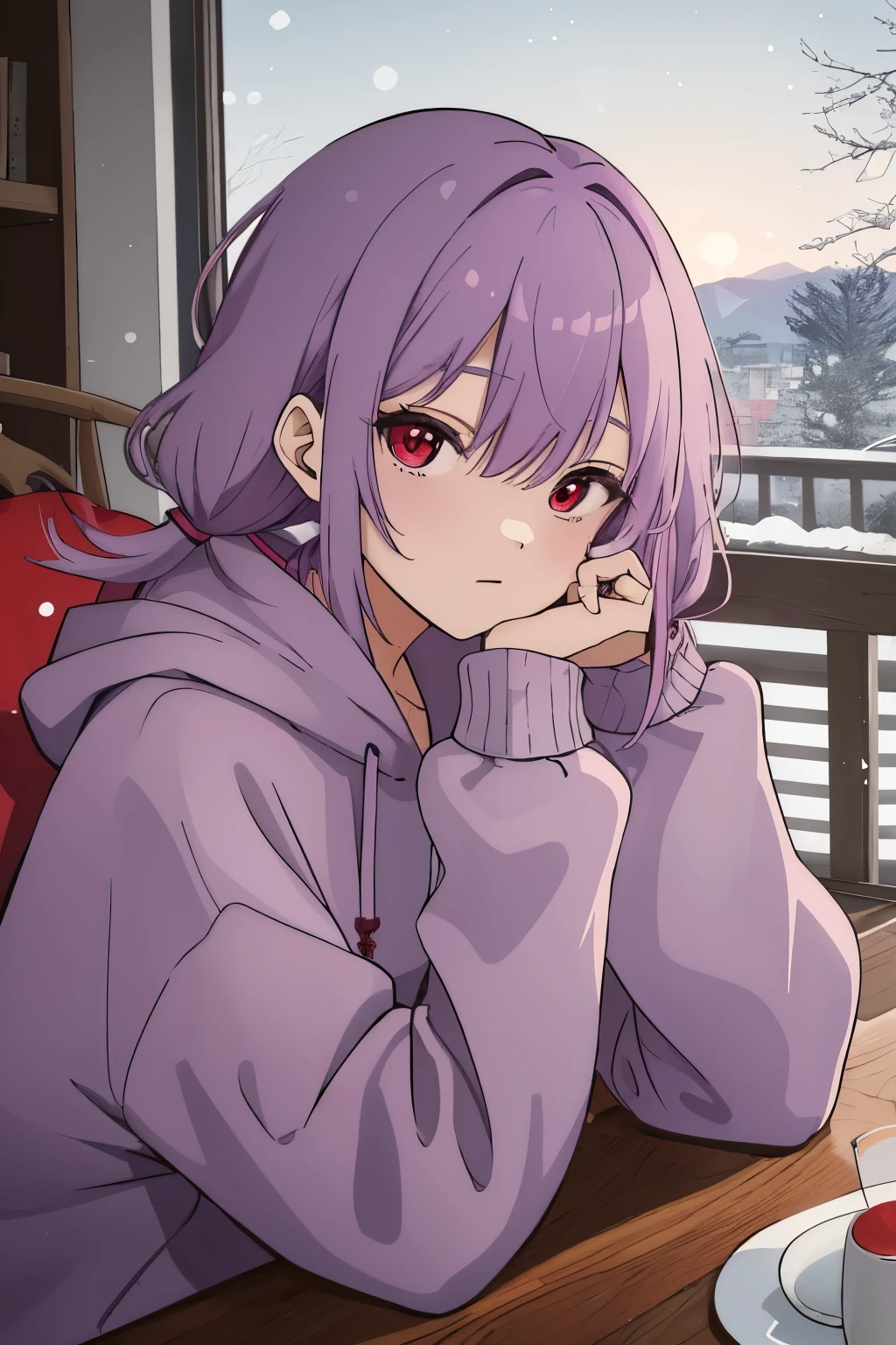 Scene View,null,anime style,morning,headrest, intense angle, Curtsey,(Light purple hair)、medium hair、big round red eyes、(winter scenery),highest quality、Multicolored hair、((indoor))、Multicolor Hoodie,low twintails