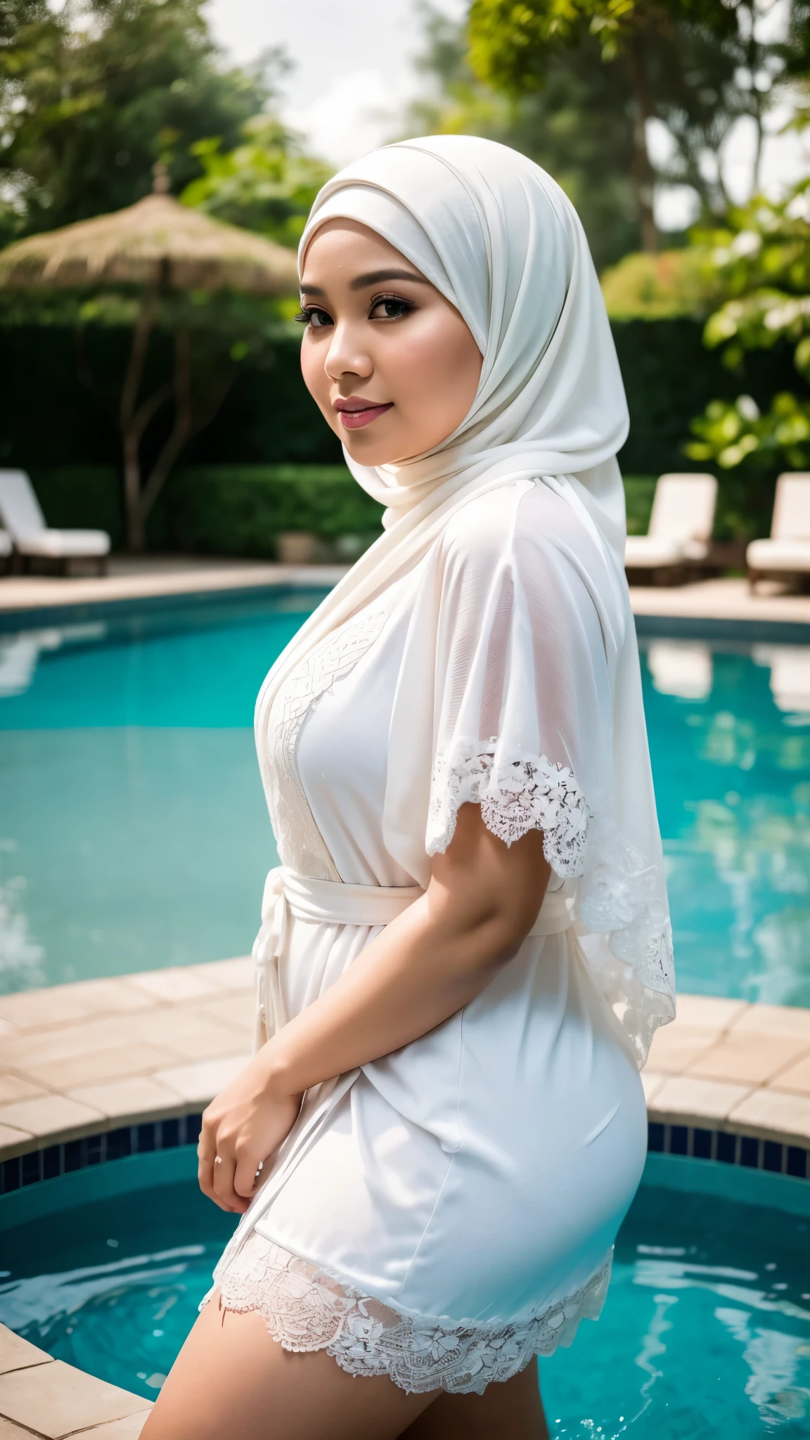 Indonesia mature woman,((35 years old)), plump, wearing a hijab, Masterpiece: 1.3, wearing a dark white pearl robe, white stockings, heels, Masterpiece, lace motif robe, soft smile, bokeh swimming pool background, full flower bokeh