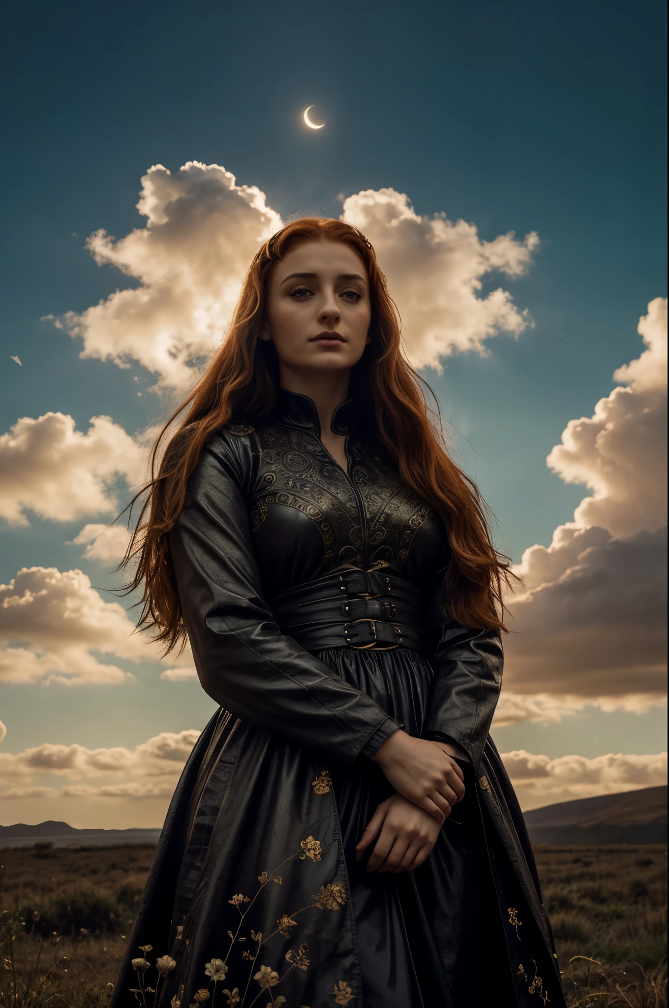 Sansa Stark, Looks like Sophie Turner, Sansa Stark played by Sophie Turner, thick body, photo of beautiful 35 y.o woman, 4k uhd, high quality, dramatic, cinematic, (freckles:0.8), imaginary floral patterns cumulus, a heavy mist of fragrance, noticeable, the bird seed in her hands, growing into birds, giants shelter her body, intricate ornate structures, cumulus cloud survival float around her, radiating, the night sky, deep dark shadows, she hides new seasons, the woman is aware and watching us, we see her energy