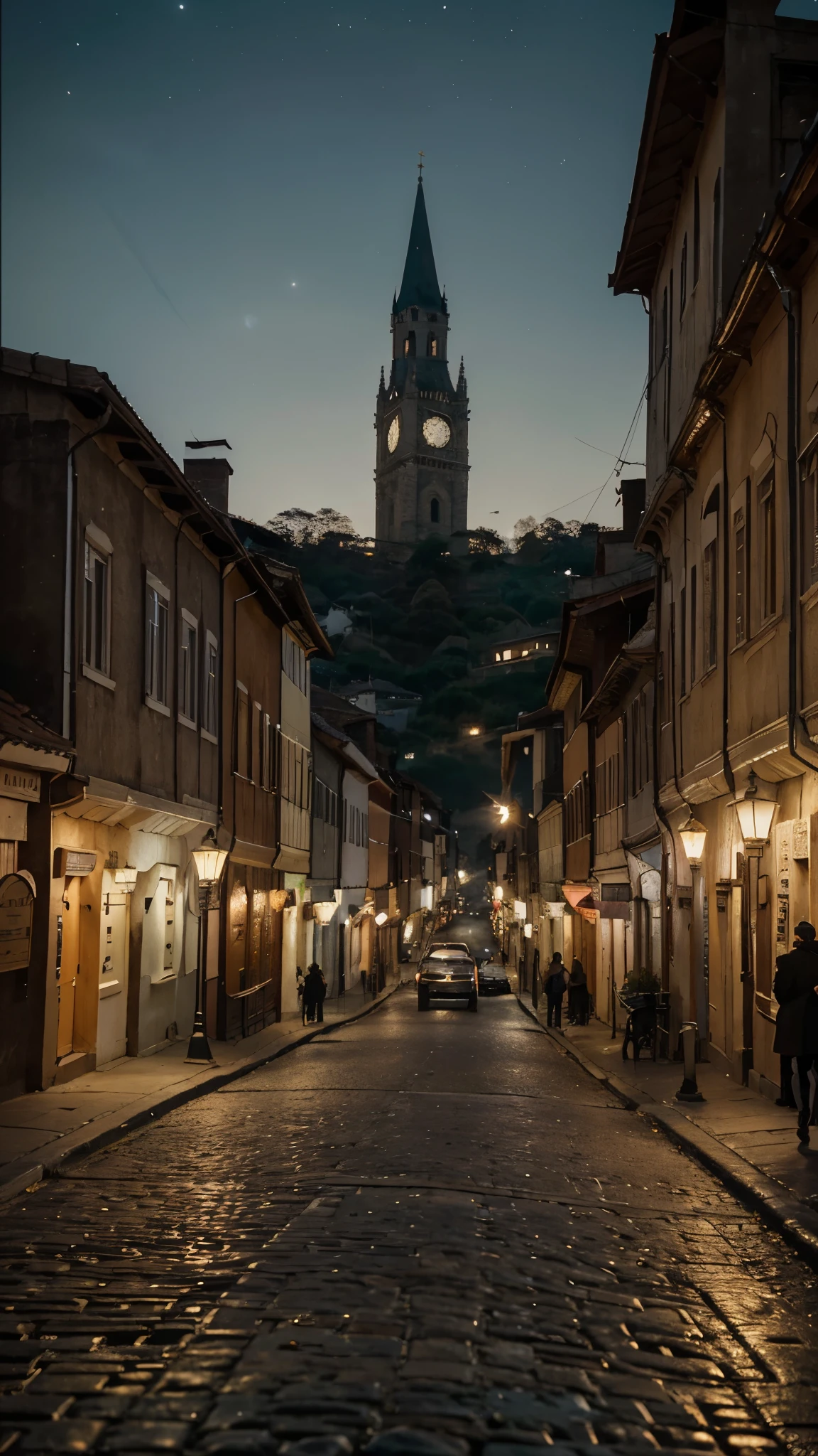 Por favor, Create a top-quality image that depicts an ethereal and magical city, where the inhabitants seem to have come straight out of the nineteenth century. The city must be shrouded in a magical and mysterious atmosphere, with tall and detailed buildings, illuminated by a soft, ethereal light. As pessoas na cidade devem vestir roupas da era vitoriana, com trajes elegantes, cartolas e vestidos longos. Cobblestone streets should be lined with gas lampposts, e carruagens puxadas por cavalos devem transitar pelas ruas. A cidade deve estar situada em uma paisagem deslumbrante, with distant mountains and a starry sky that gives the scene a magical aspect. The image should convey the feeling of nostalgia, nineteenth-century charm and magic. Make sure the image quality is as high as possible, with advanced levels of detail and a cinematic style."