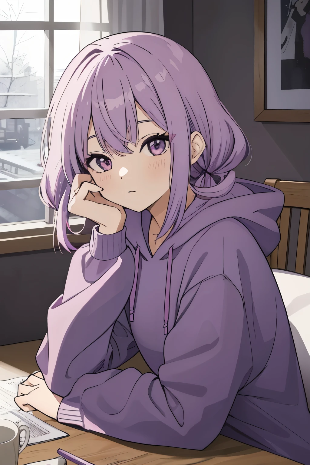 Scene View,null,anime style,morning,headrest, intense angle, Curtsey,(Light purple hair)、medium hair、big round odd eyes、(winter scenery),highest quality、Multicolored hair、((indoor))、Multicolor Hoodie,low twintails
