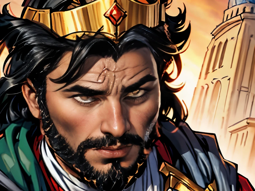there is a man with a beard and black hair, with a crown on her head. biblical costumes. biblical style. biblical setting.