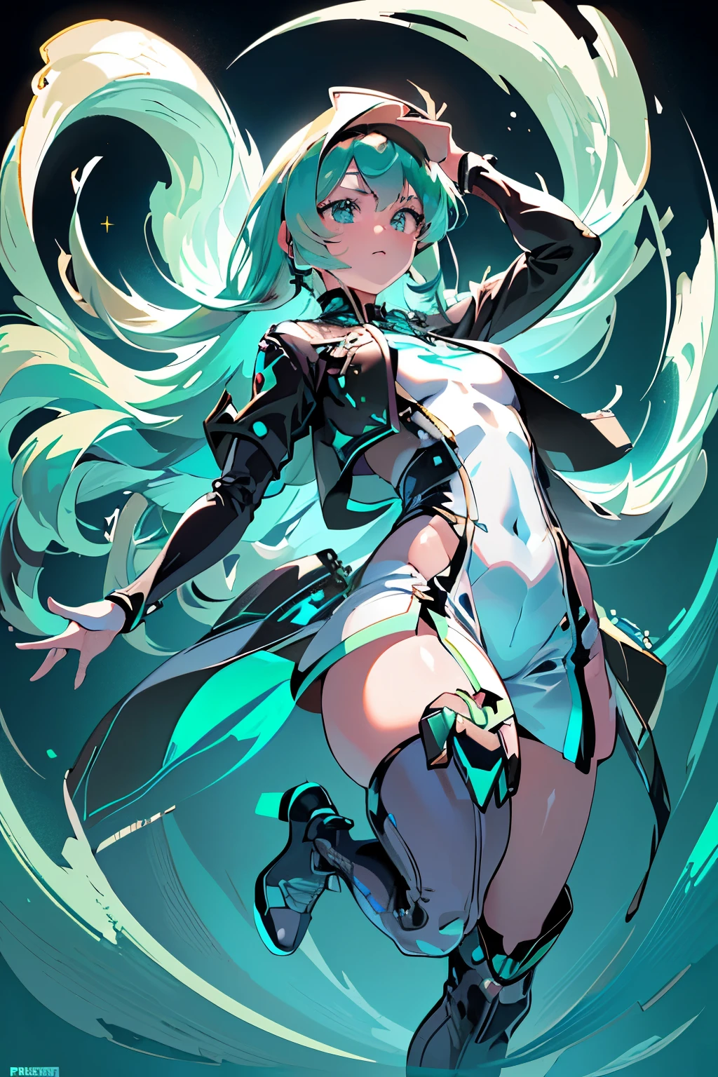 Anime, Girl, (((1girl))), (((Waifu, Xenoblade Chronicles 2, Pneuma Waifu))), (((Seafoam Green Hair, Long Hair))), ((Seafoam Green Eyes eyes:1.3, Upturned Eyes: 1, Perfect Eyes, Beautiful Detailed Eyes, Gradient eyes: 1, Finely Detailed Beautiful Eyes: 1, Symmetrical Eyes: 1, Big Highlight On Eyes: 1.2)), (((Lustrous Skin: 1.5, Bright Skin: 1.5, Skin Fair, Shiny Skin, Very Shiny Skin, Shiny Body, Plastic Glitter Skin, Exaggerated Shiny Skin, Illuminated Skin))), (Detailed Body, (Detailed Face)), Young, Idol Pose, (Best Quality), Techwear, (((Military Uniform))), (((Military Cap))), (((Military Coat))), (((Thigh-high Heeled Boots))), High Resolution, Sharp Focus, Ultra Detailed, Extremely Detailed, Extremely High Quality Artwork, (Realistic, Photorealistic: 1.37), 8k_Wallpaper, (Extremely Detailed CG 8k), (Very Fine 8K CG), ((Hyper Super Ultra Detailed Perfect Piece)), (((Flawlessmasterpiece))), Illustration, Vibrant Colors, (Intricate), High Contrast, Selective Lighting, Double Exposure, HDR (High Dynamic Range), Post-processing, Background Blur