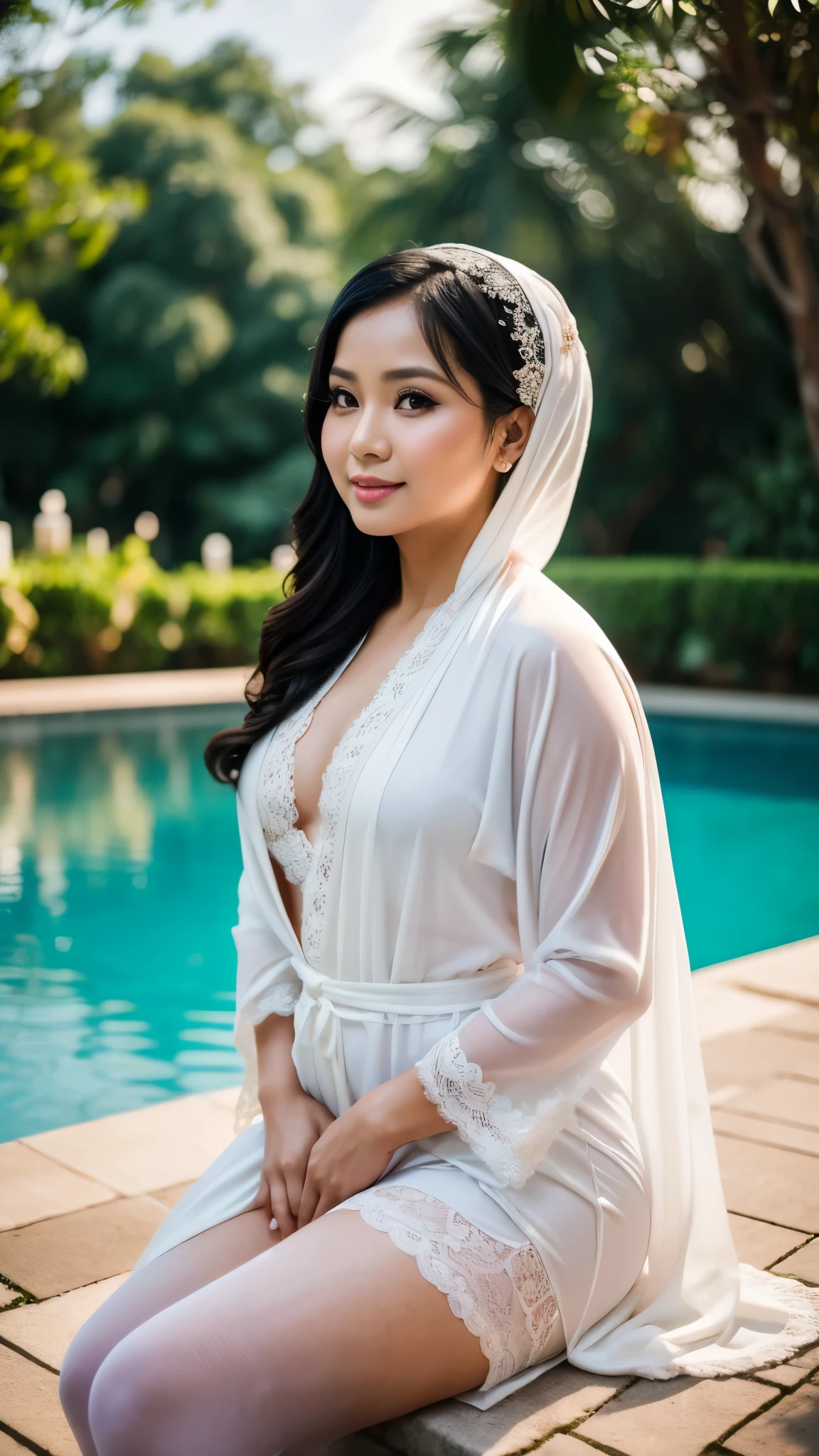 Indonesia mature woman,((35 years old)), plump, Masterpiece: 1.3, wearing a dark white pearl robe, white stockings, heels, Masterpiece, lace motif robe, soft smile, bokeh swimming pool background, full flower bokeh,