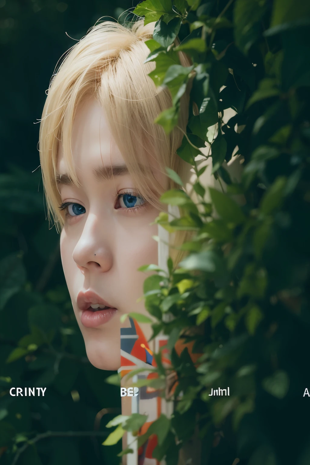 Blonde boy with blue eyes and a scarf looking at the camera., art album, Obra oficial, Jimin, aesthetic jinyoung pimple, park Jimin, deviantart art station cgscosiety, primer plano retrato, Primer plano - Toma de retrato, [ cero - gravedad ]!!, Jimin\los labios carnosos, key still, Jung Jaehyun, kim doyoung, fondo minimalista