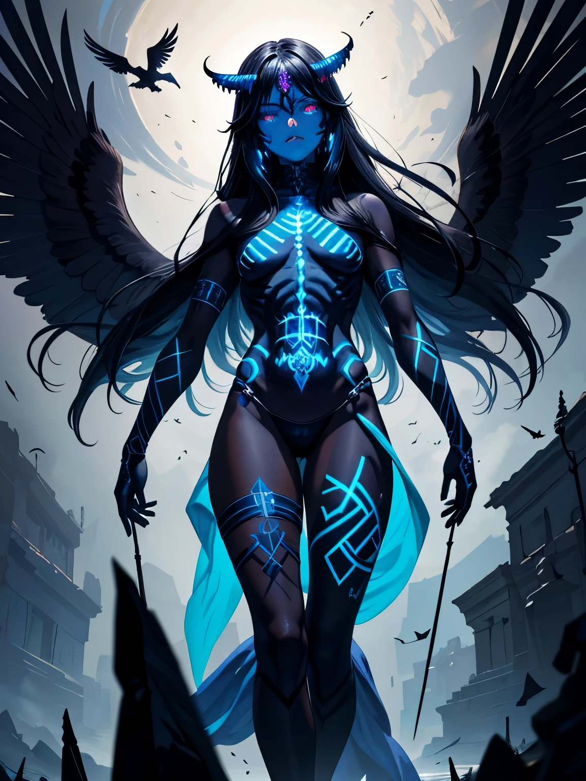 masterpiece, best quality, ultra high res, (dark art:1.3), deep shadow, dark theme, photo of (djinn possessed ((deadheaded tan boy)) with blue glowing eyes) with painted sigils seals and hieroglyphics painted allover body, skeletal crows and ravens flying around figure