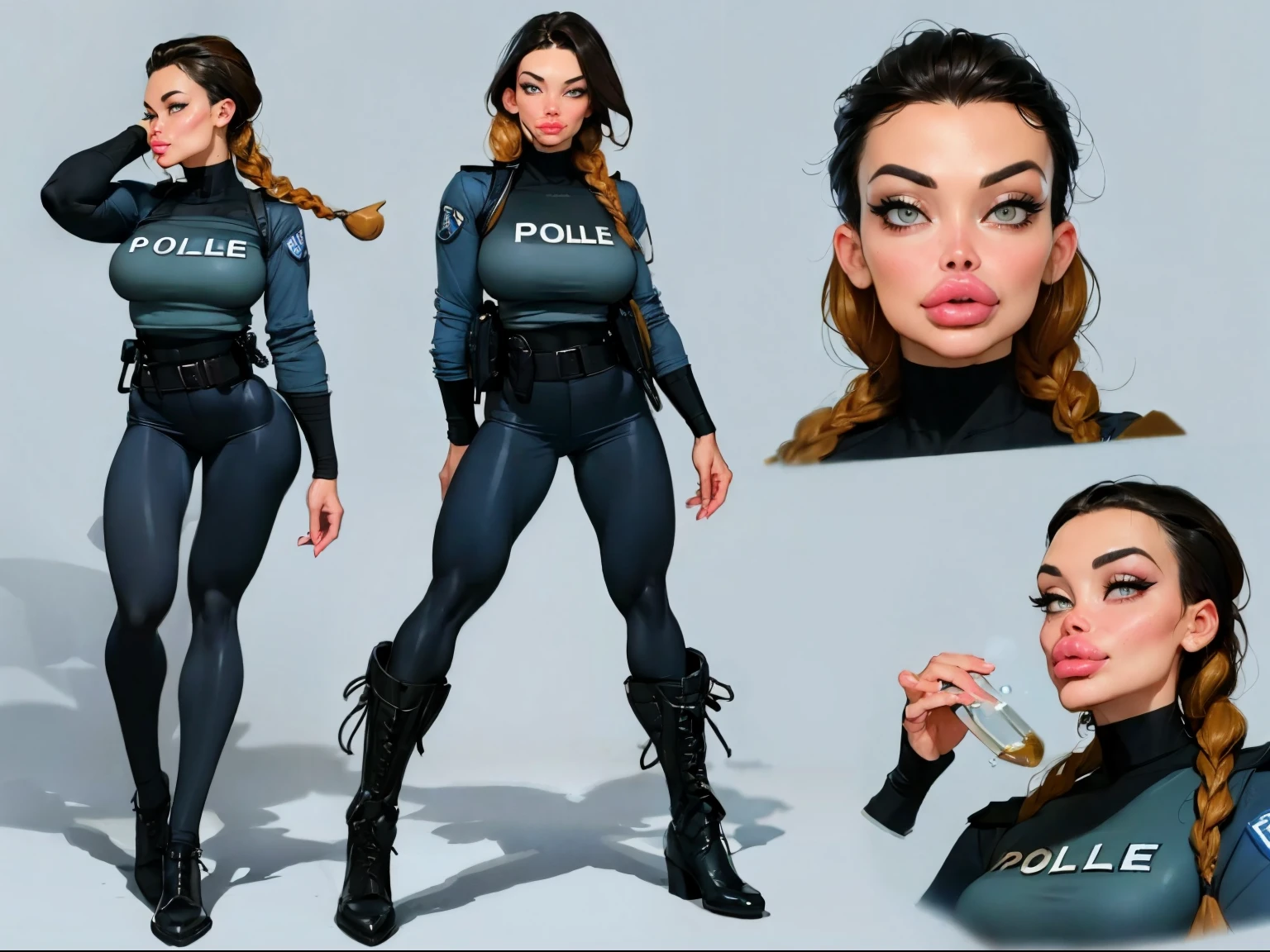 ((masterpiece)),(((best quality))),((character design sheet)), illustration,1woman, environment Scene change, (long braided hair:1.4),((futuristic police officer:1.5)), muscular, black legs, thick legs, (pale skin:1.3)scribbles and marks, light blue shirt, ((detailed face:1.1)), rough sketches, (puffy lips:1.5), pose too, ((brunette hair:1.2)), (police officer outfit:1.3) , 8k,16k, (simple background, light background: 1.3)