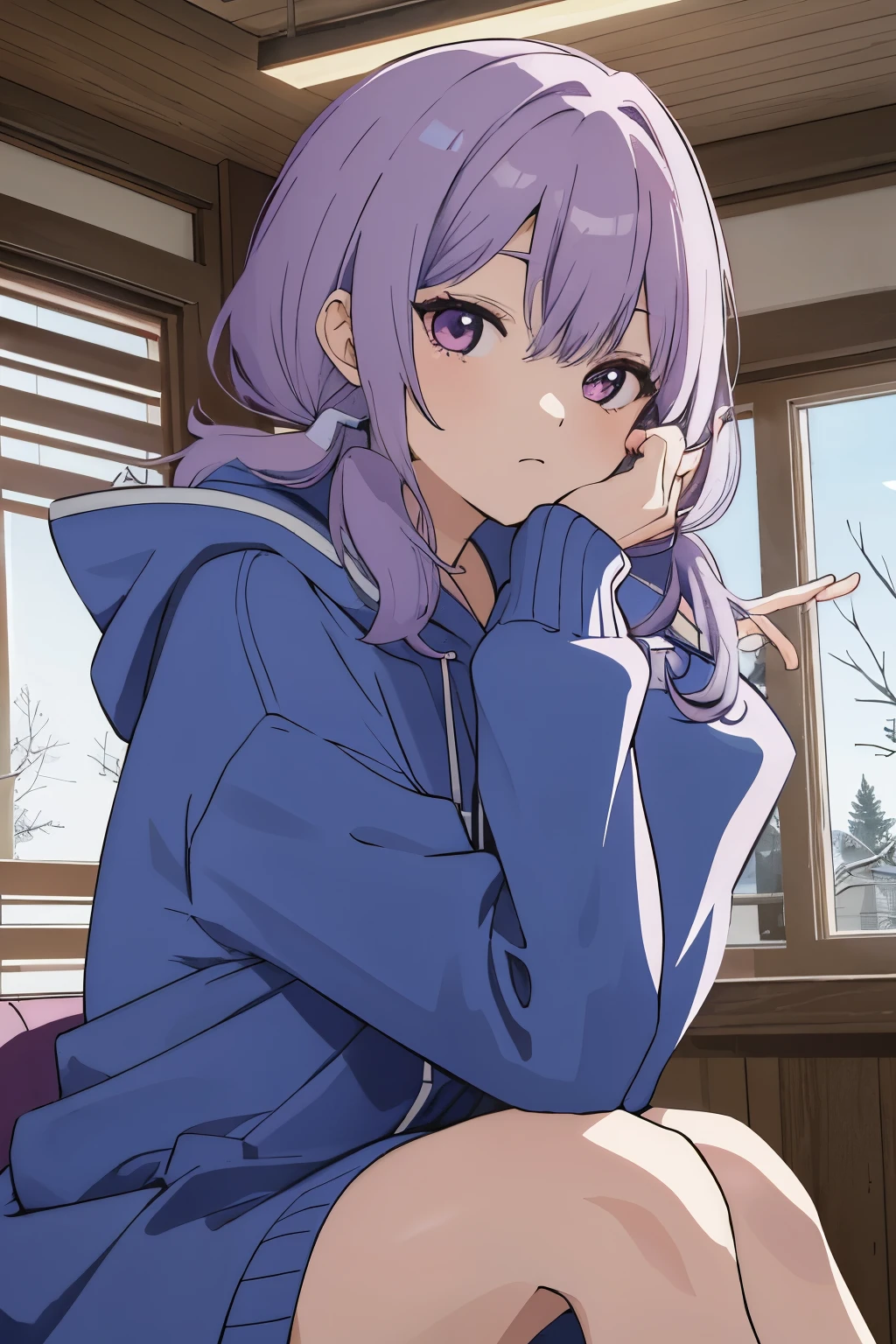 Scene View,null,anime style,morning,headrest, intense angle, Curtsey,(Light purple hair)、medium hair、big round odd eyes、(winter scenery),highest quality、Multicolored hair、((indoor))、blue color hoodie,low twintails