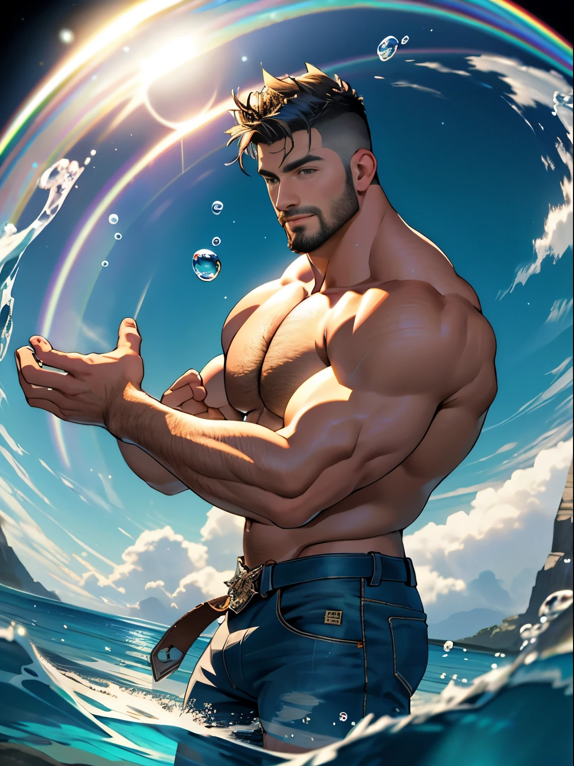 Best quality, masterpiece, ultra high res,detailed background,realistic,solo,male,cowboy shot,mature,bara,topless,muscular,mature male,thick thighs,short hair,facial hair,undercut,short hair,magic circle, bubble,on water,reflected mirror,rainbow light, Bubble Swirling, wind Swirling, Aurora, fantasy scenery,depth of field