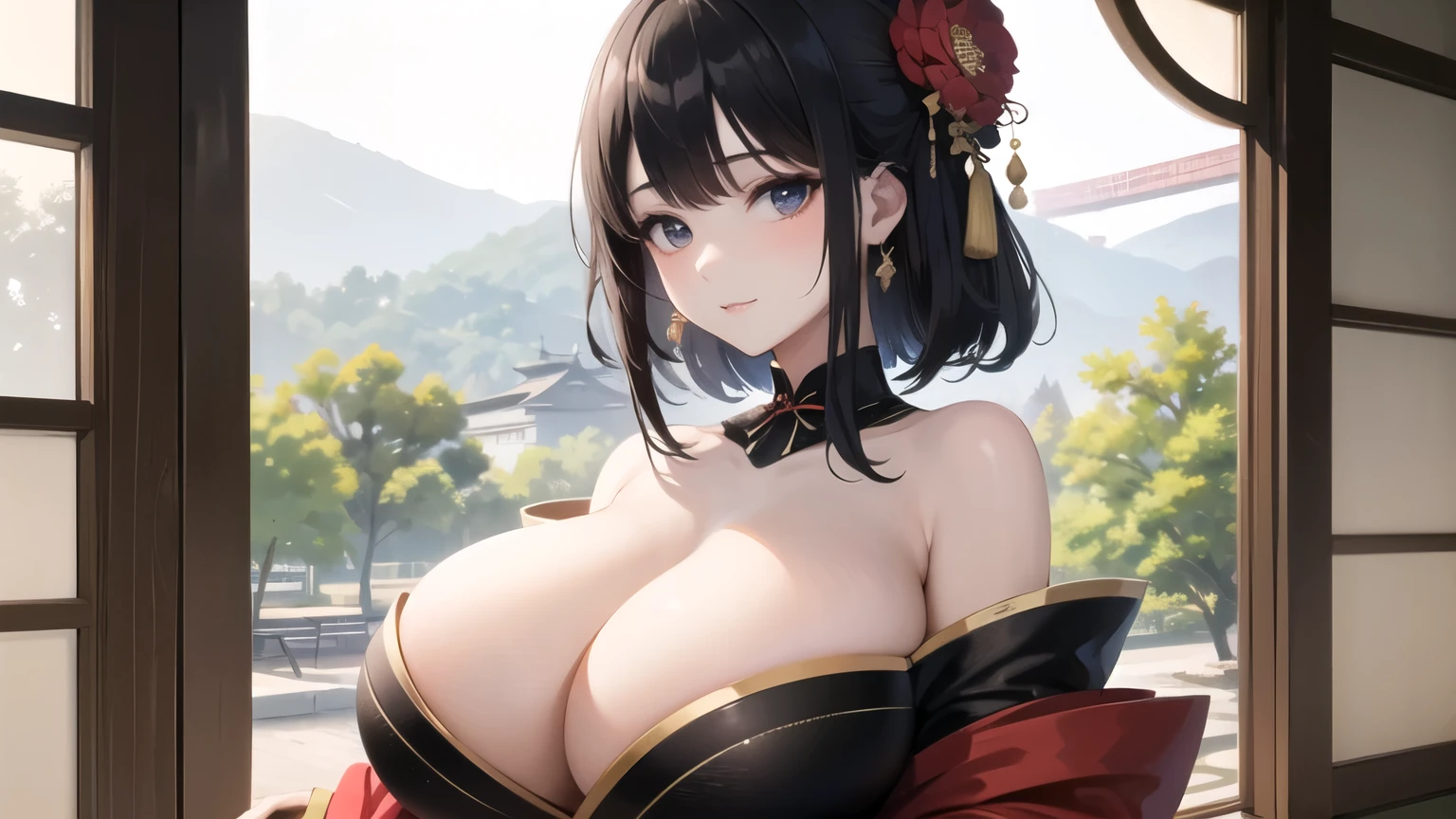 (((masterpiece, best quality))), (((superior quality))), cute girl, ((extremely detailed girl)), ((huge breasts)), ((kimono)), (bare shoulders), strapless top, slight smile