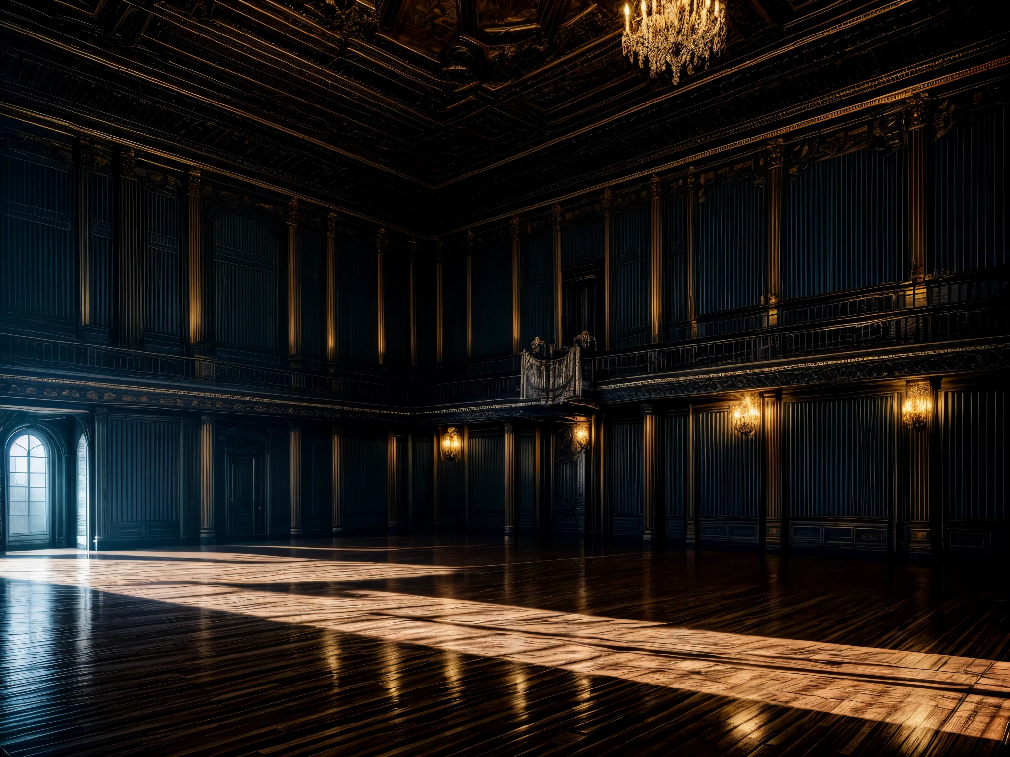 A large hall in a mansion with a black outside and a high ceiling.