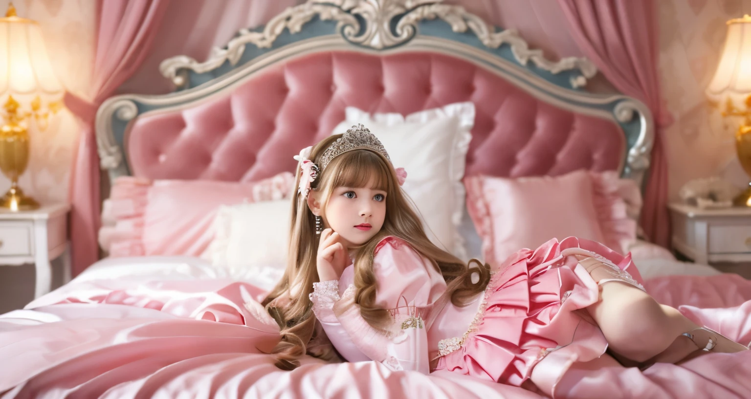,highest quality, masterpiece, highest resolution, artwork, super それにget used to it, many get used to it, get used to it, それにget used to it, 3K realistic photos,,(( When I was )),Super detailed baby face,She is a princess,Full length ball gown dress with hoop skirt,ruffle yoke collar,puff sleevesg sleeve,((Lolita style hotdetailed princess satin dress、Comes with lots of frills and ribbons。)),colorful rococo fashion,shiny satin dress,Soft and smooth fabric,luxury,long blonde hair,blue eyes,white skin european,pajamas,((inside the palace)),,,(( When I was 10 years old)),Super d face,Full length ball gown dress with hoop skirt,long skirt,ruffle yoke collar,puff sleeves,腰まで伸びるlong blonde haiue eyes,white skin european,pajamas,((inside the palace bedroom)),ピンクのシルクサテンのluxuryなcanopy bedの上,canopy bed,Luxurious curtains on both sides of the bed,many frilly pillows on the bed,super detailed background,Detailed bed,romantic atmosphere,little princess is lying on the bed,hugging a pink pillow,((((both legs are hidden in the dress)))),the dress is spread across the bed,soft pink silk satin comforter,Soft silk satin ruffled pillow,Beautiful girl illustration,detailed beautiful face detailed hair,detailed human eye ,detailed mouth, arm details,detailed hand,Detailed pillow,