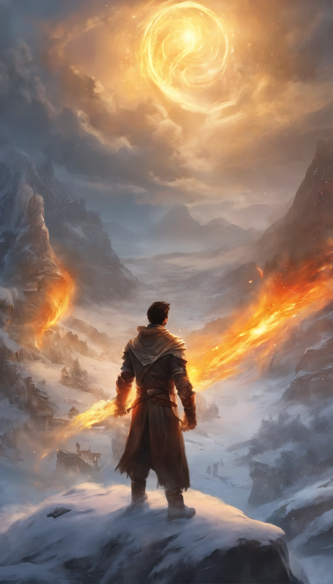 An epic scene where, in the middle of a destroyed and cold village, covered in dense snow, the protagonist, a young man with dark hair and glowing golden eyes, bruised by the confrontation, awakens the power of fire