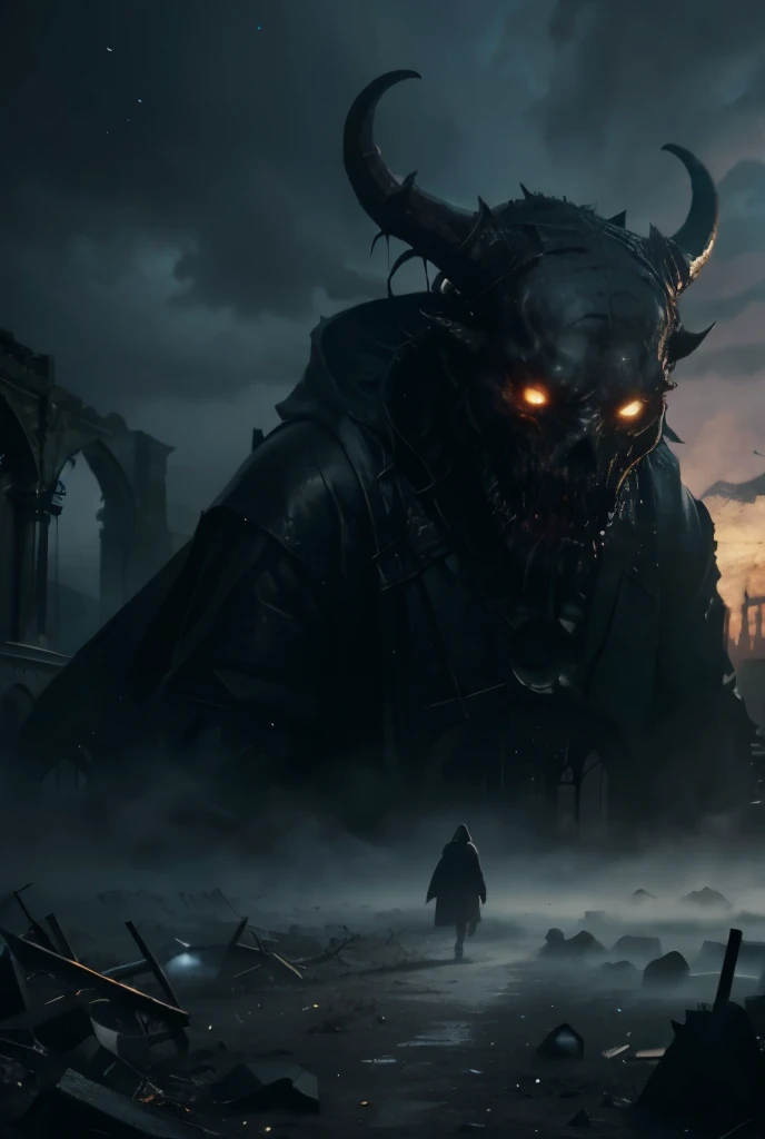 (masterpiece, highest quality, trending on artstation) Cinematic, portrait, (A demonic monster), emerging from a ruined church, gothic landscape, swirling fog, HP Lovecraft, cosmic horror, Victorian,