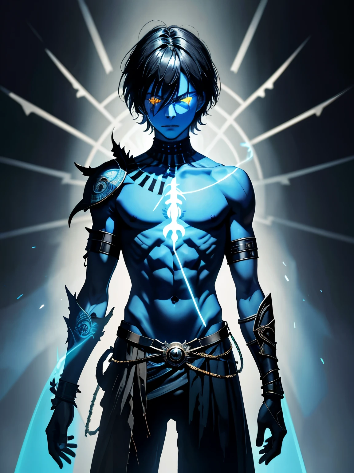 masterpiece, best quality, ultra high res, (dark art:1.3), deep shadow, dark theme, photo of djinn possessed deadheaded tan boy with blue glowing eyes with painted sigils seals and hieroglyphics painted allover body, ready to fight, tarnished black-iron wrought gauntlets, skeletal bone Raven perched on the boy's shoulder